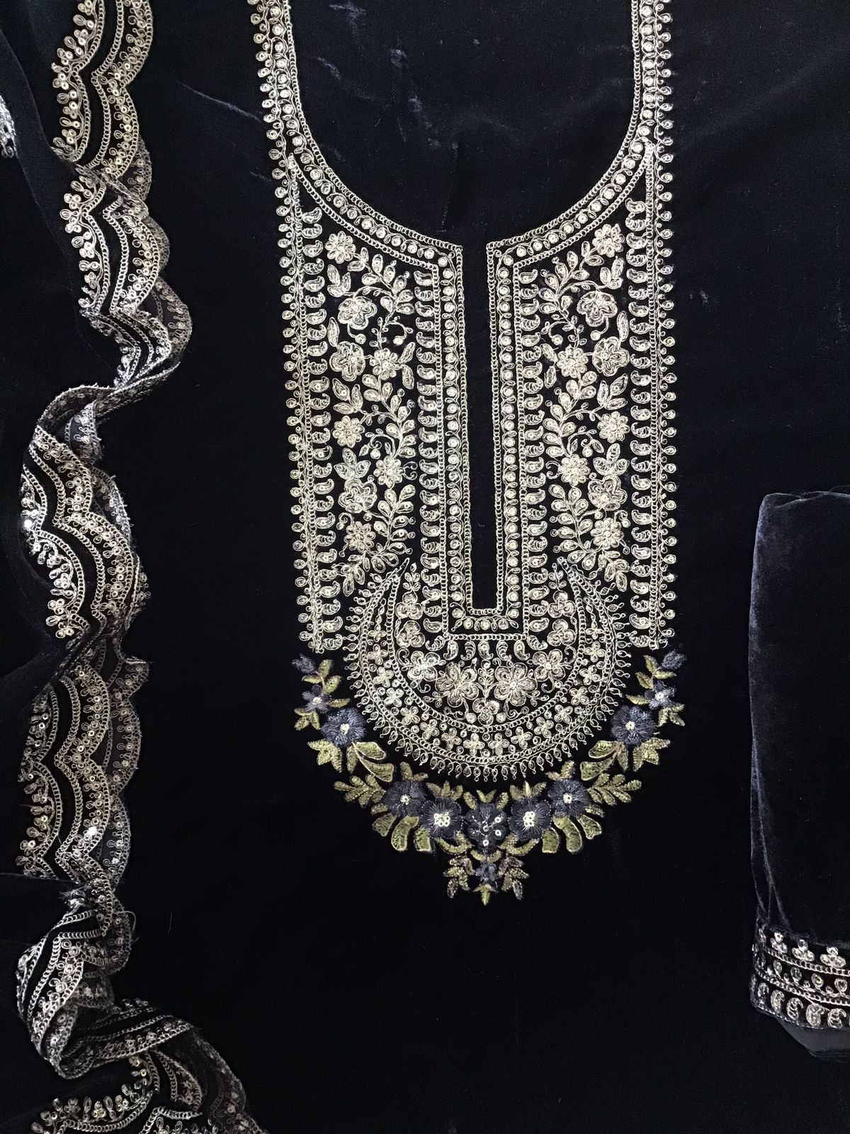 Soft Fine Heavy Velvet Embroidered Suit - Black