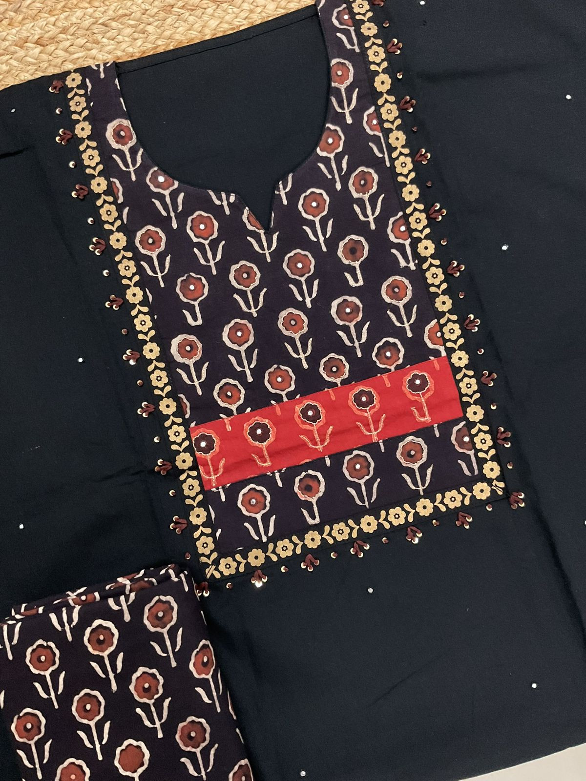Pure Cotton Printed Embroidered Suit - Black