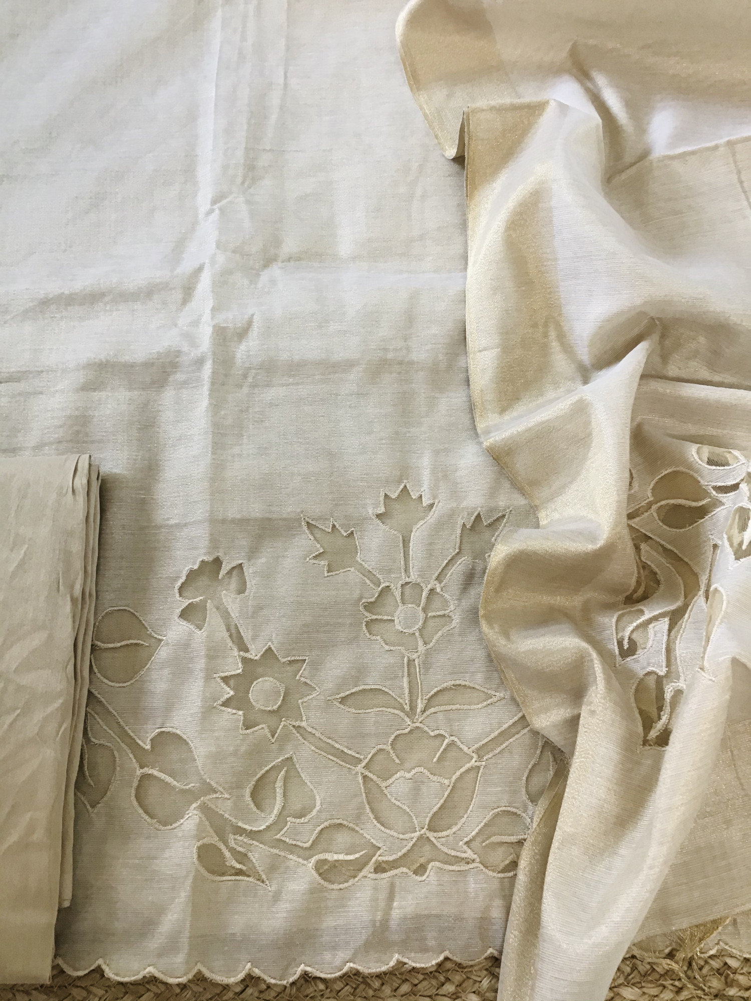 Soft Tissue Chanderi Embroidered Suit - Cream