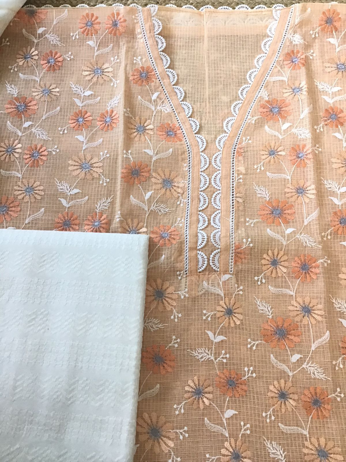 Soft Kota Cotton Embroidered Suit - Peach