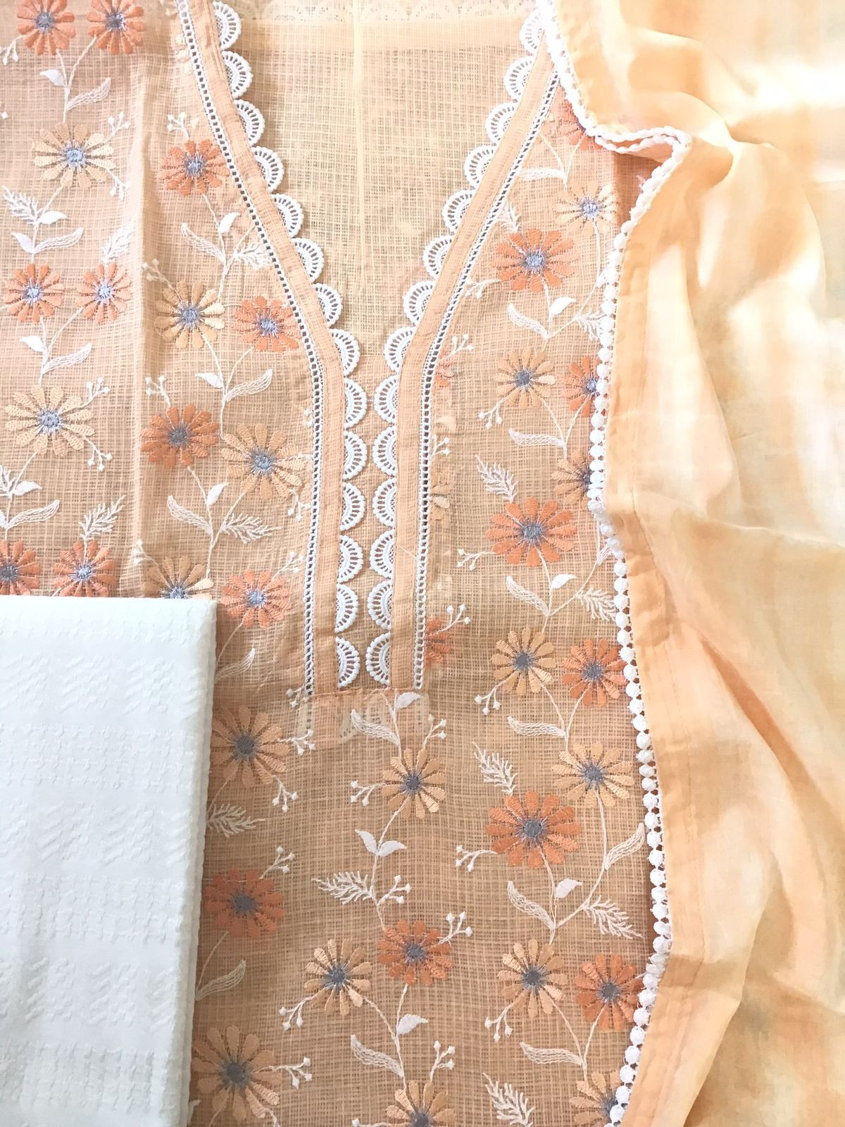 Soft Kota Cotton Embroidered Suit - Peach