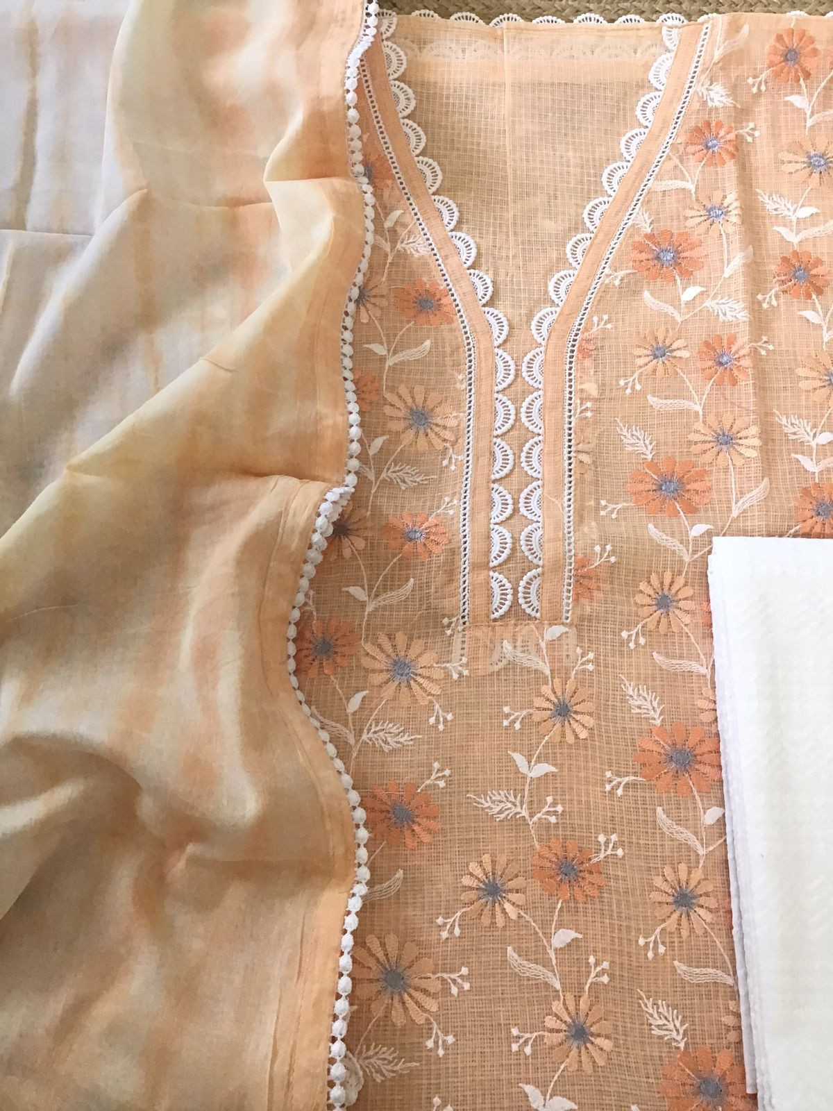 Soft Kota Cotton Embroidered Suit - Peach