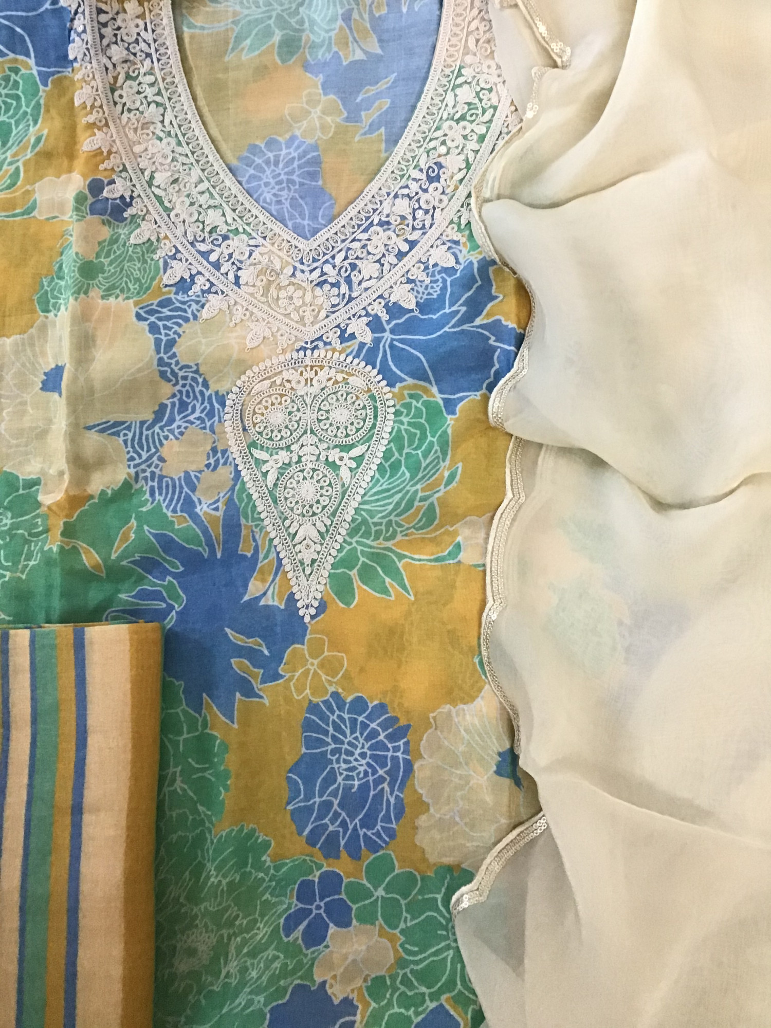 Pure Muslin Silk Printed Embroidered Suit - Blue