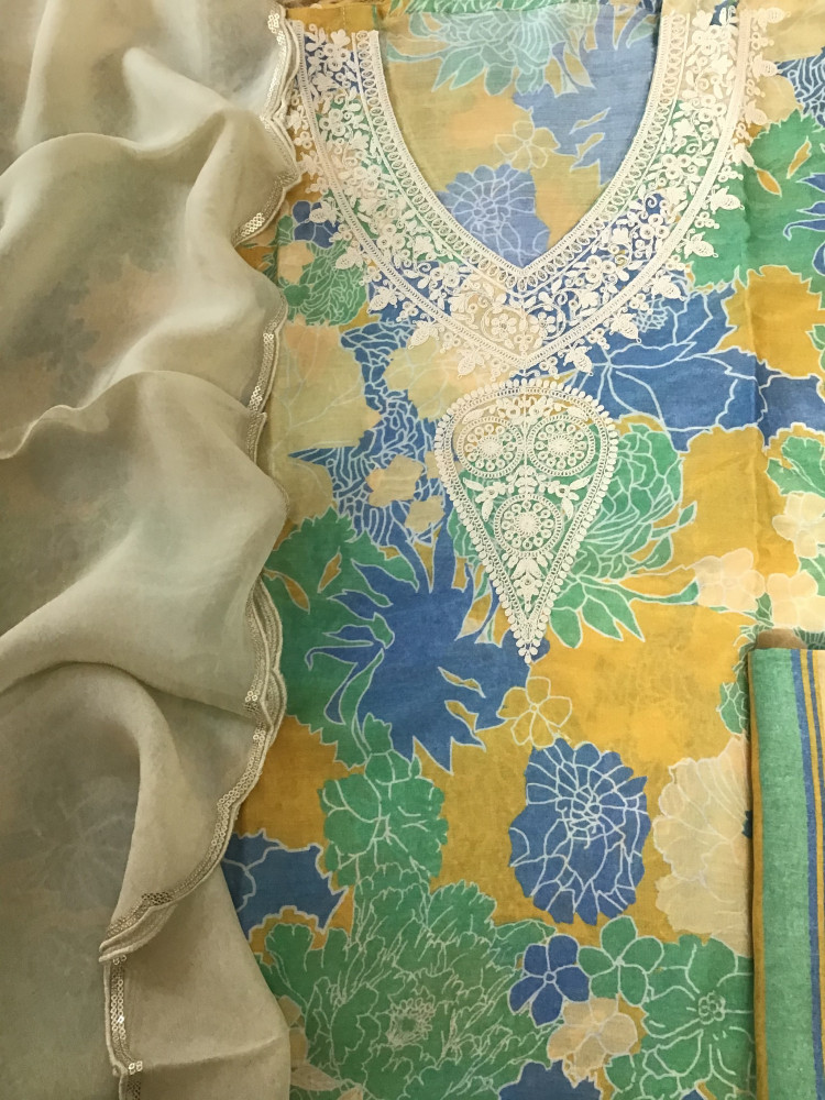 Image of Pure Muslin Silk Printed Embroidered Suit - Blue