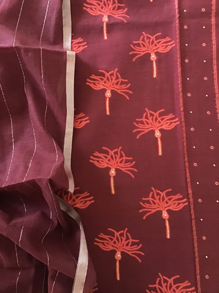 Image of Pure Chanderi Printed Embroidered Suit - Maroon