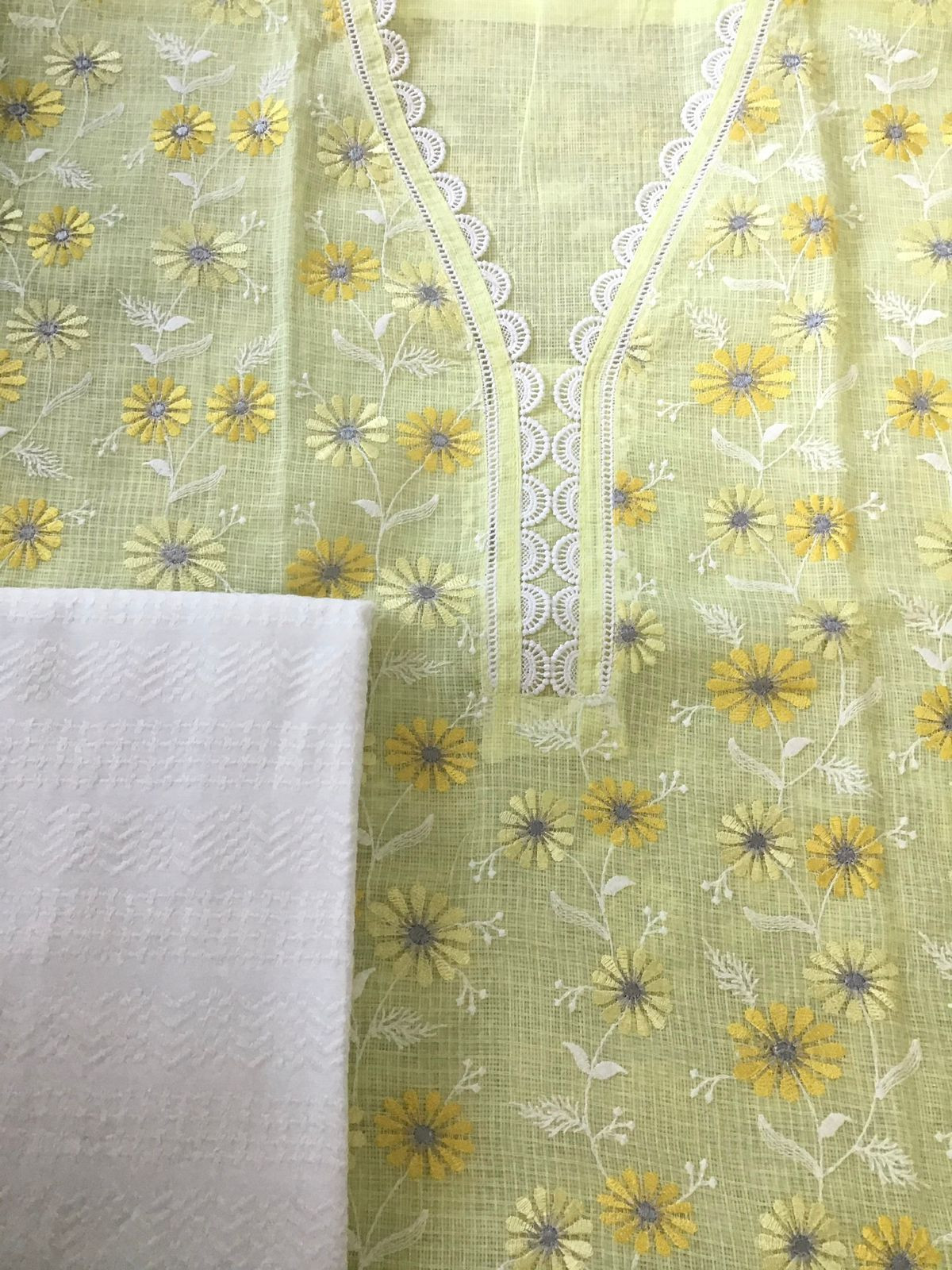 Soft Kota Cotton Embroidered Suit - Yellow