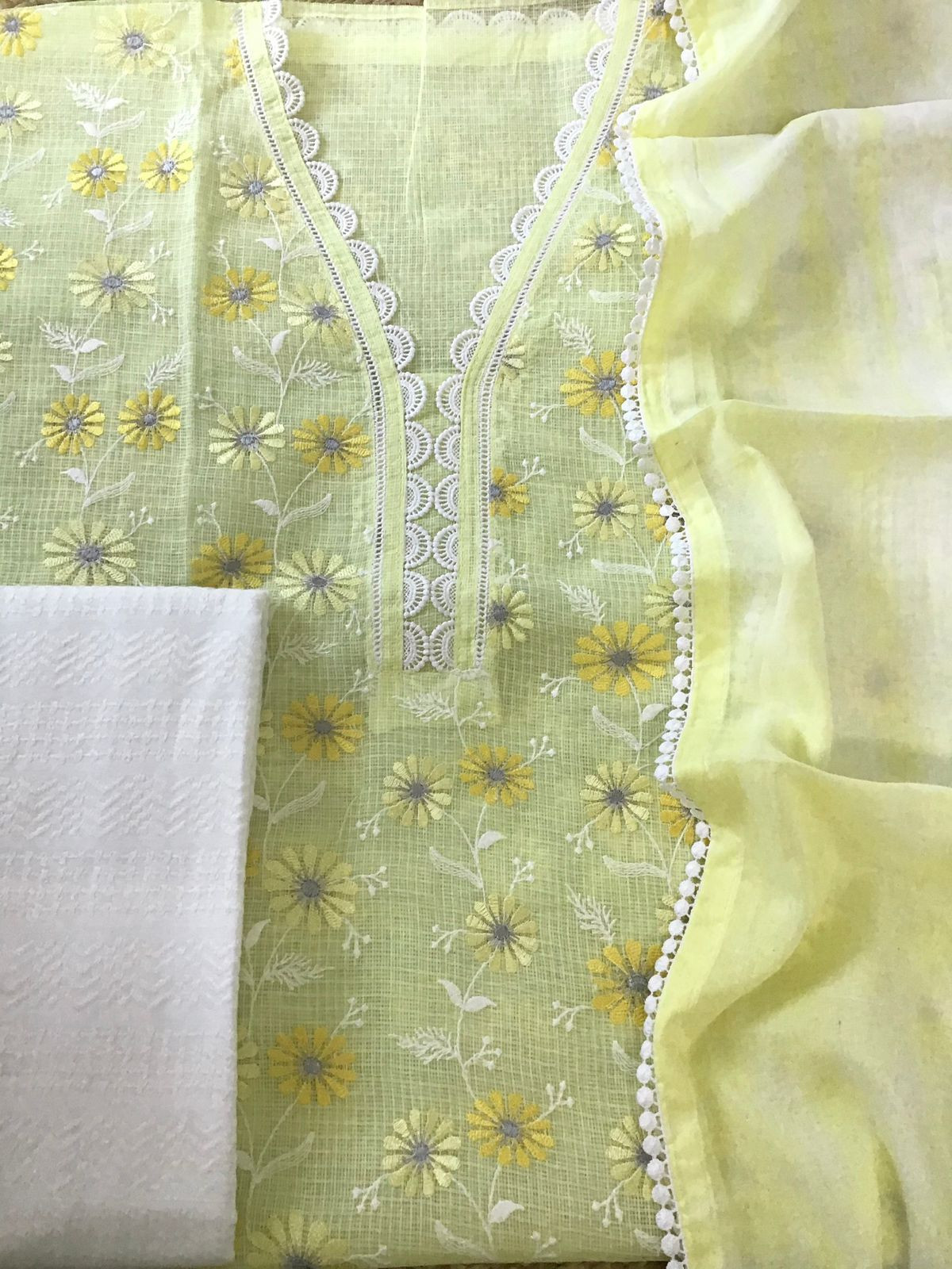 Soft Kota Cotton Embroidered Suit - Yellow