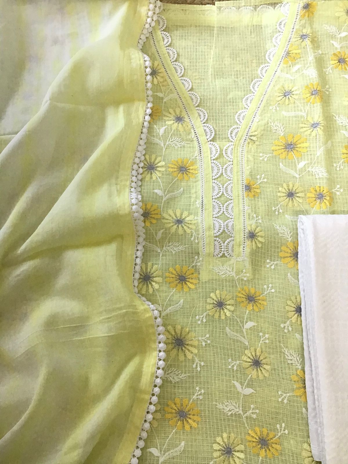 Soft Kota Cotton Embroidered Suit - Yellow