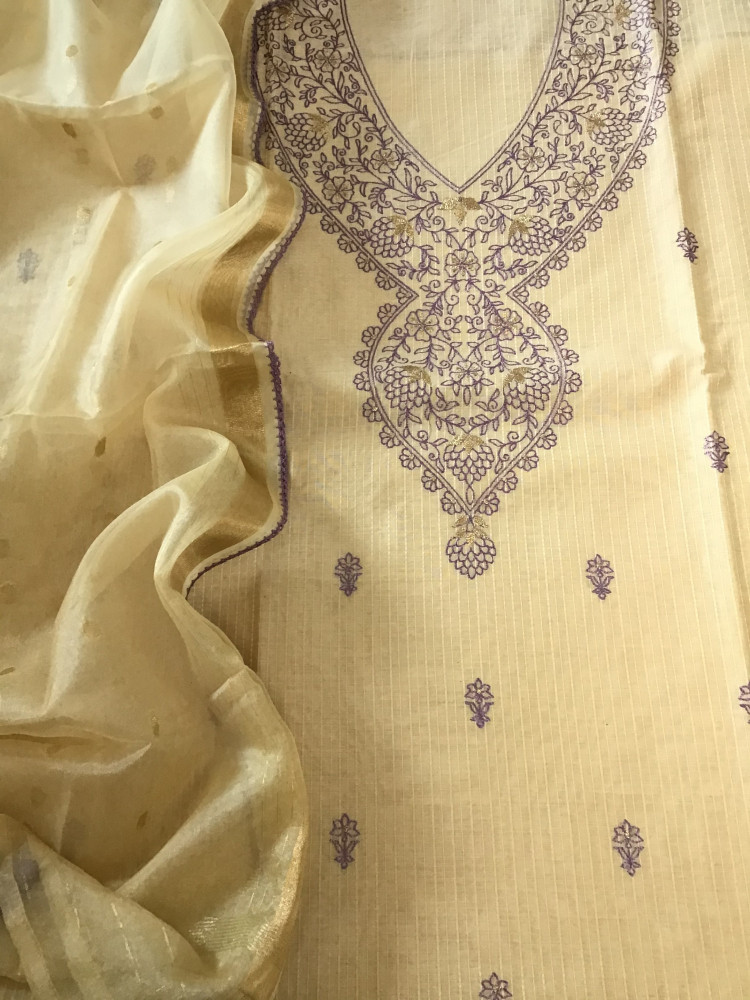 Image of Soft Chanderi Embroidered Suit - Beige/Purple