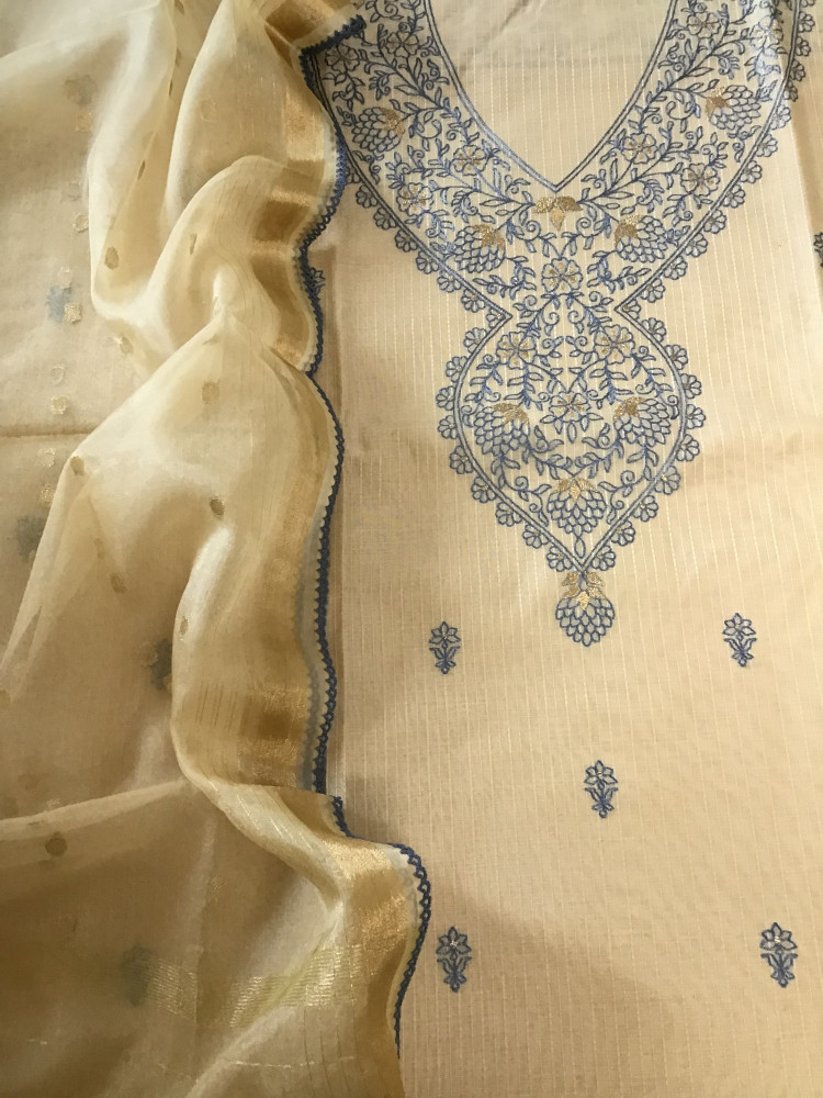 Image of Soft Chanderi Embroidered Suit - Beige/Blue