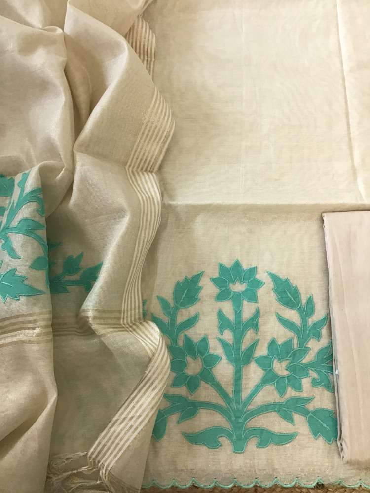 Image of Soft Tissue Chanderi Embroidered Suit - Beige/Blue