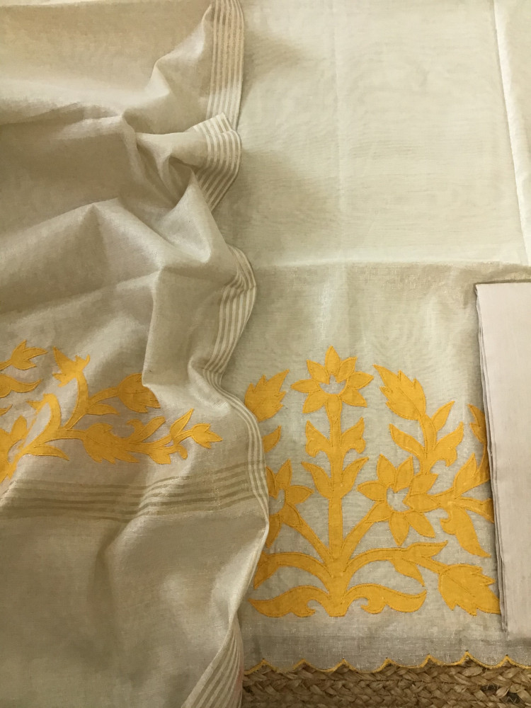 Image of Soft Tissue Chanderi Embroidered Suit - Beige/Yellow