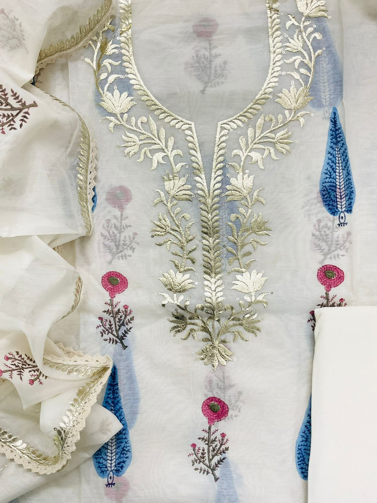 Soft Chanderi Printed Embroidered Suit - Off White