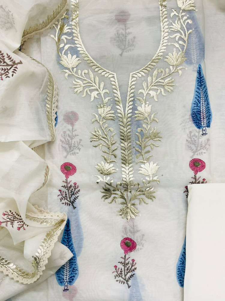Image of Soft Chanderi Printed Embroidered Suit - Off White