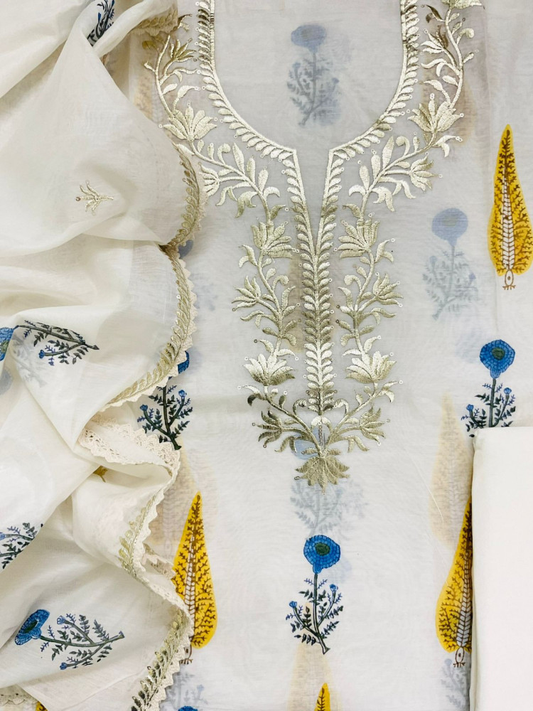 Image of Soft Chanderi Printed Embroidered Suit - Off White