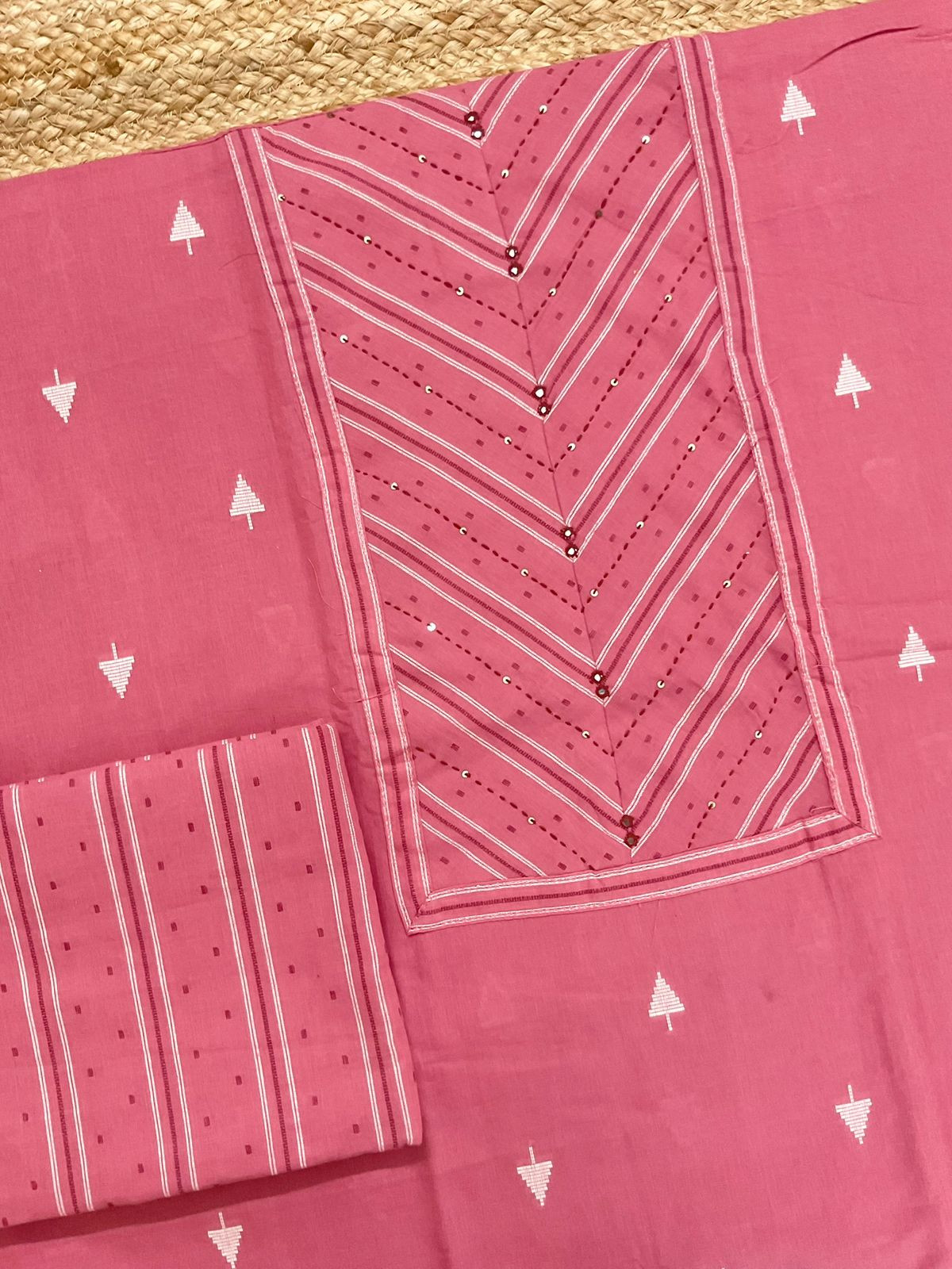 Pure Handloon Cotton Self Weaved Printed Embroidered Suit - Pink