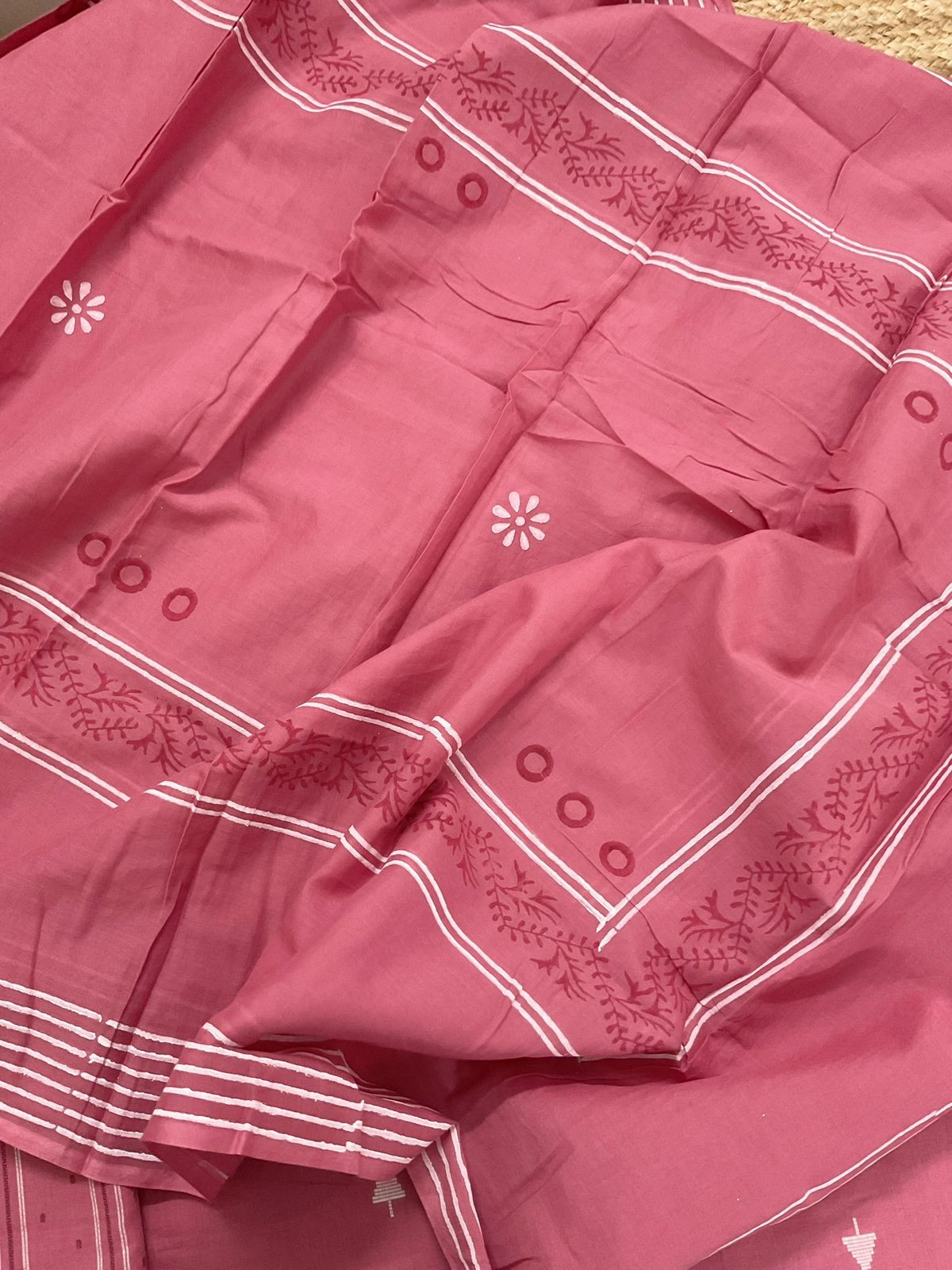 Pure Handloon Cotton Self Weaved Printed Embroidered Suit - Pink