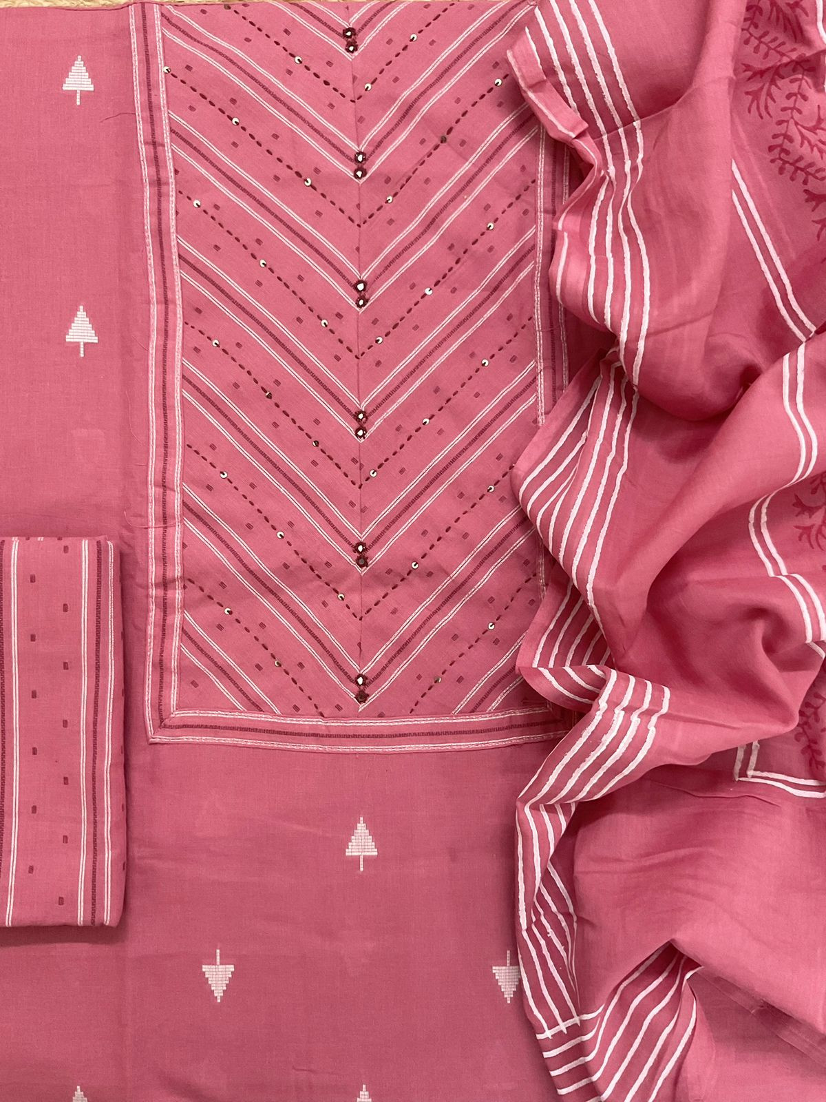 Pure Handloon Cotton Self Weaved Printed Embroidered Suit - Pink