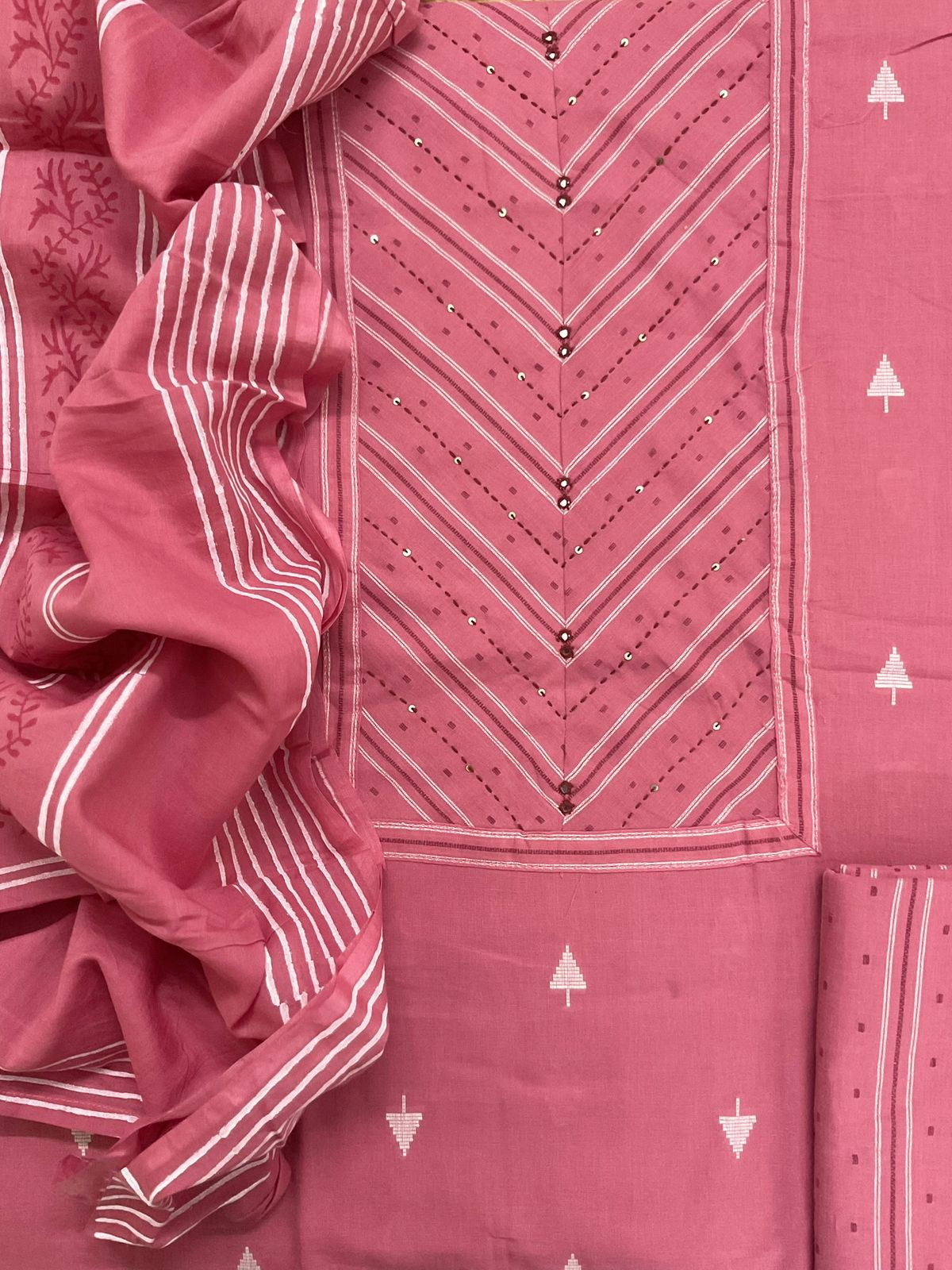Pure Handloon Cotton Self Weaved Printed Embroidered Suit - Pink