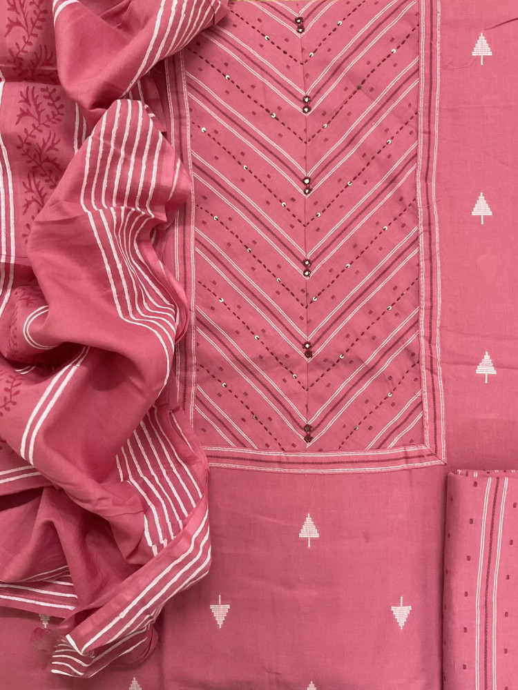Image of Pure Handloon Cotton Self Weaved Printed Embroidered Suit - Pink