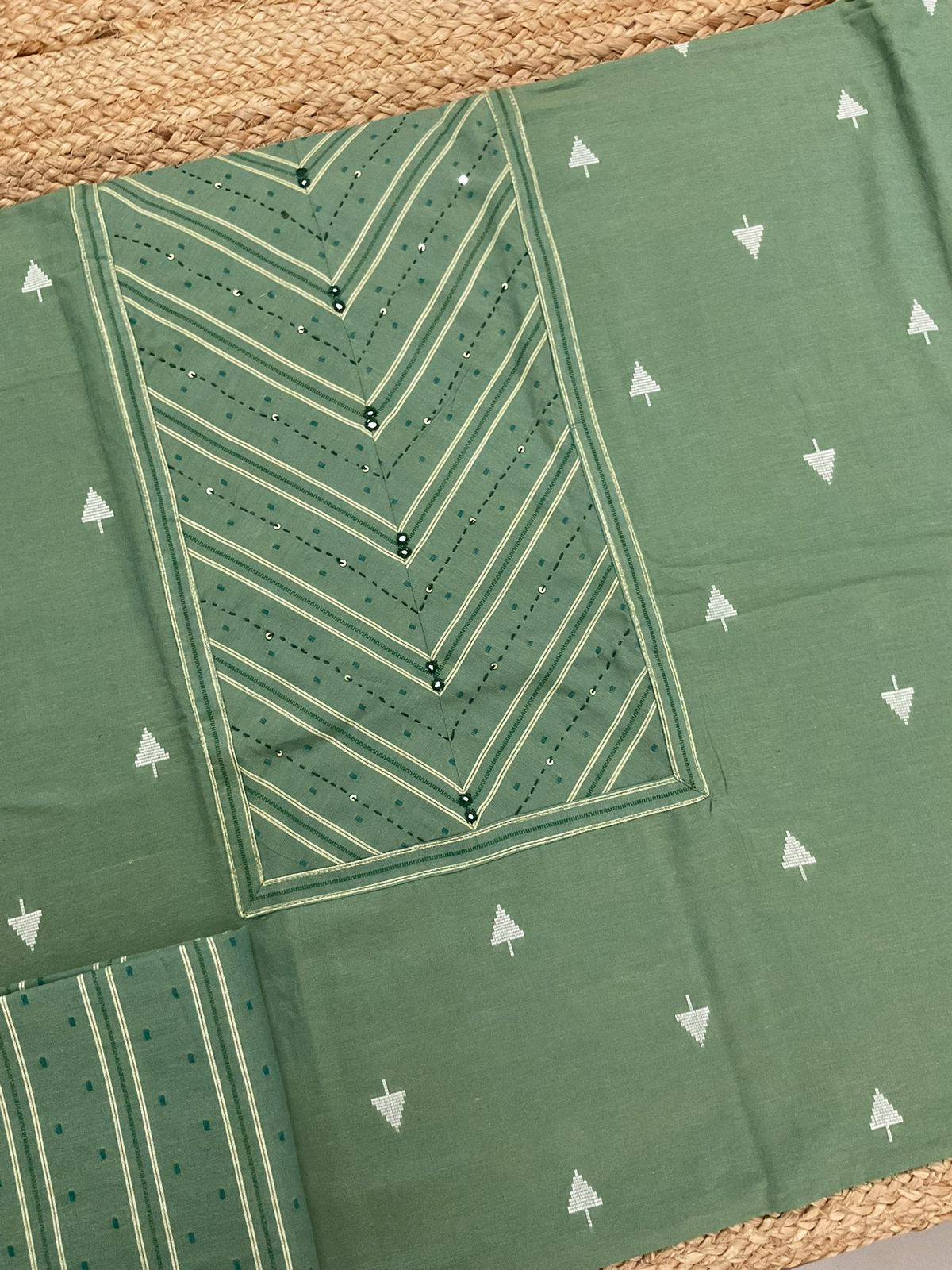 Pure Handloon Cotton Self Weaved Printed Embroidered Suit - Green
