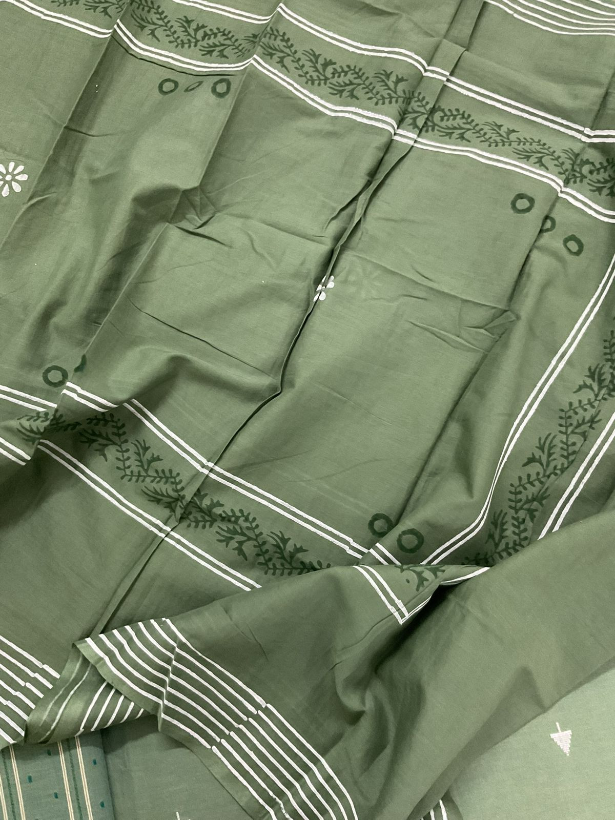 Pure Handloon Cotton Self Weaved Printed Embroidered Suit - Green