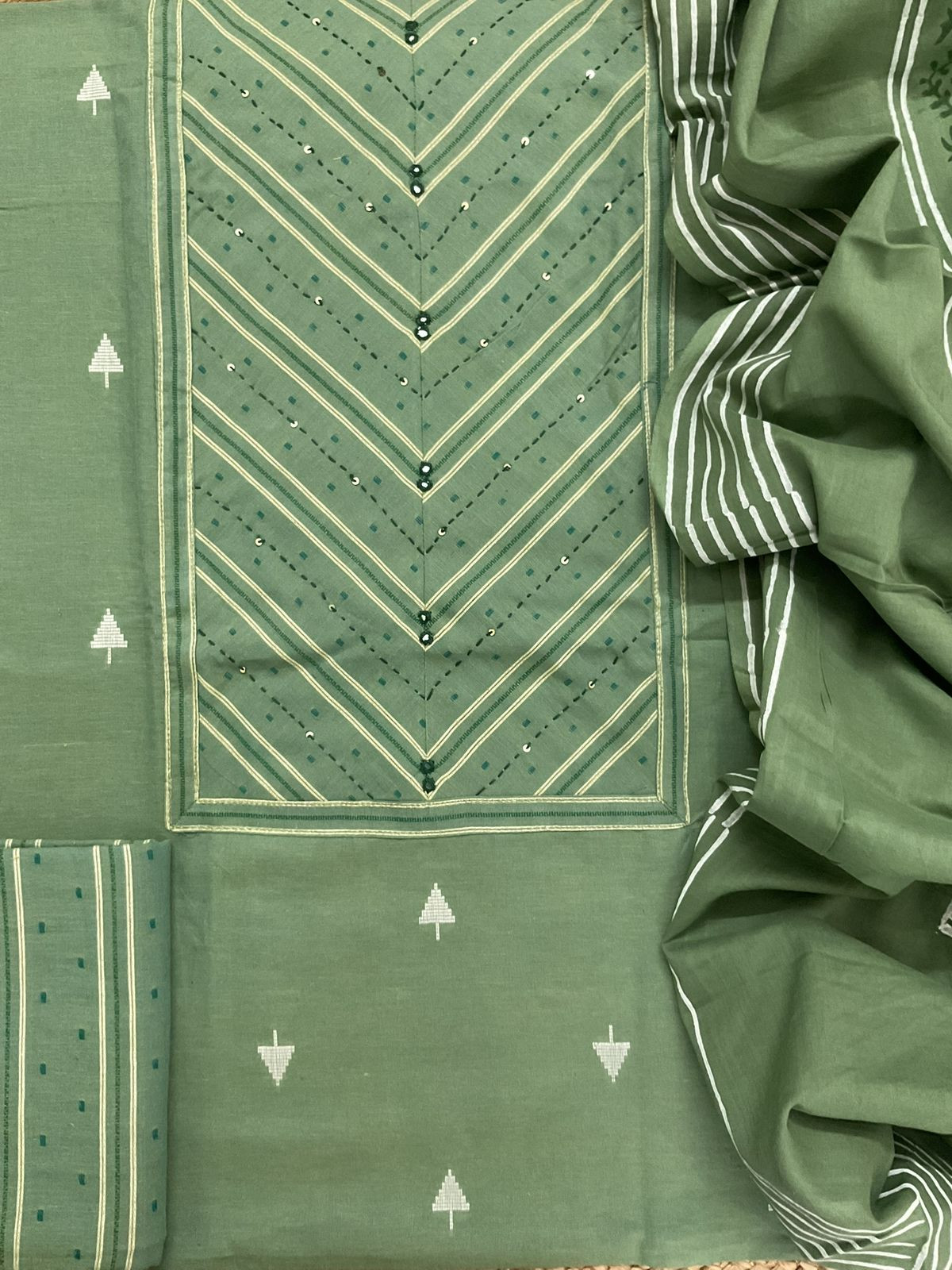 Pure Handloon Cotton Self Weaved Printed Embroidered Suit - Green