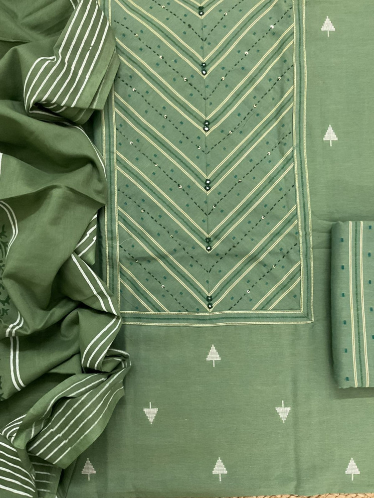 Image of Pure Handloon Cotton Self Weaved Printed Embroidered Suit - Green
