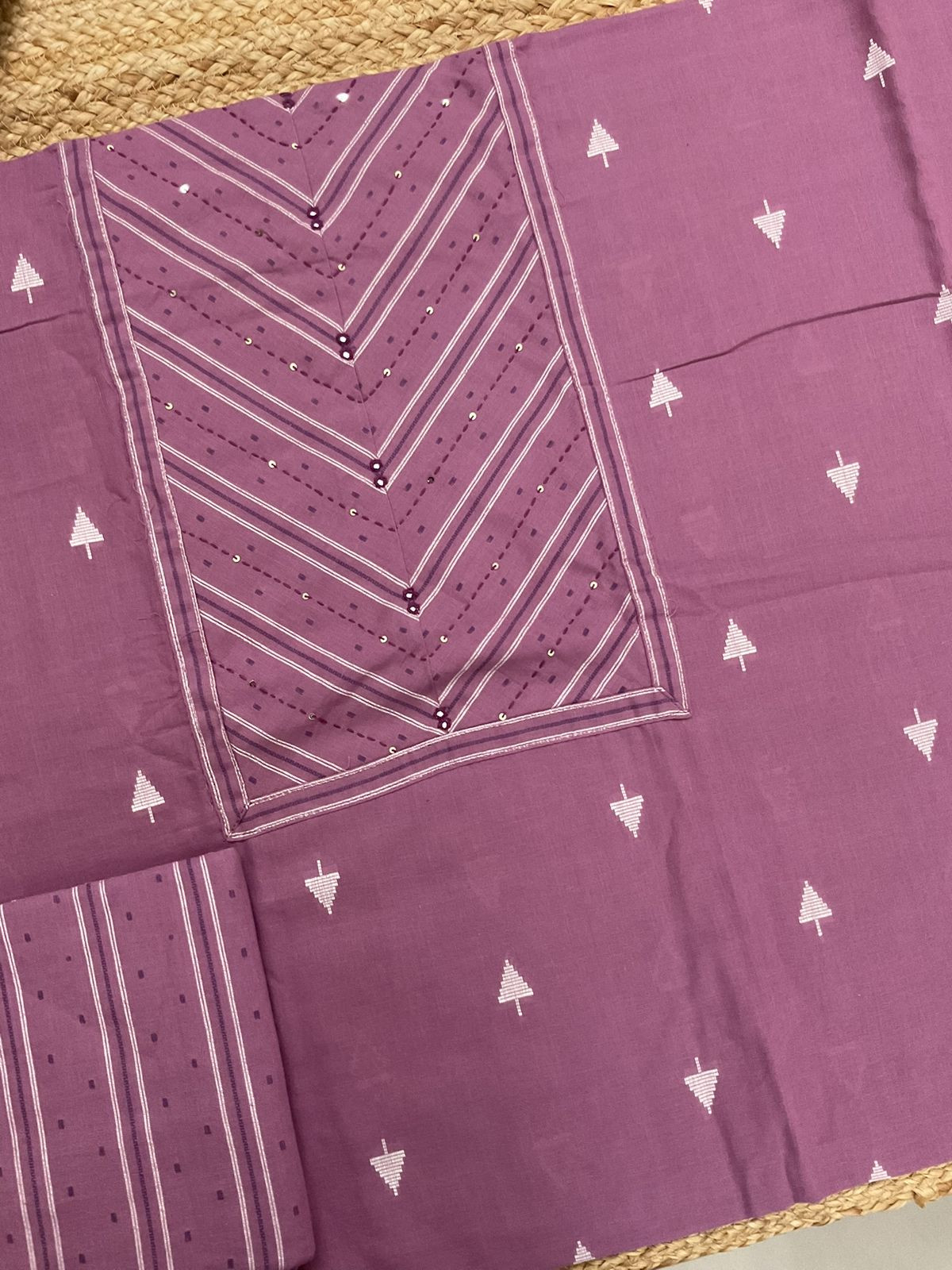 Pure Handloon Cotton Self Weaved Printed Embroidered Suit - Purple
