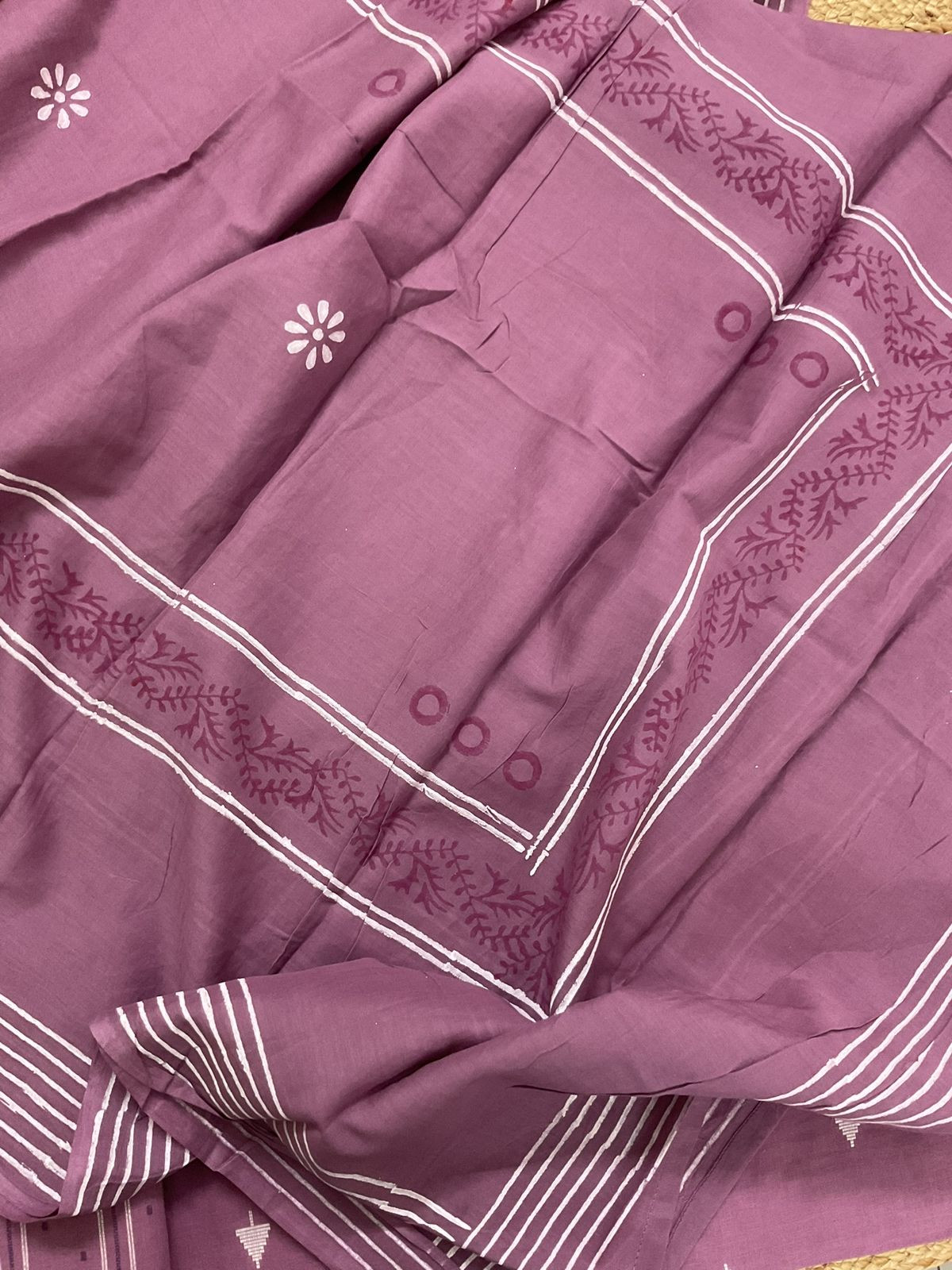 Pure Handloon Cotton Self Weaved Printed Embroidered Suit - Purple