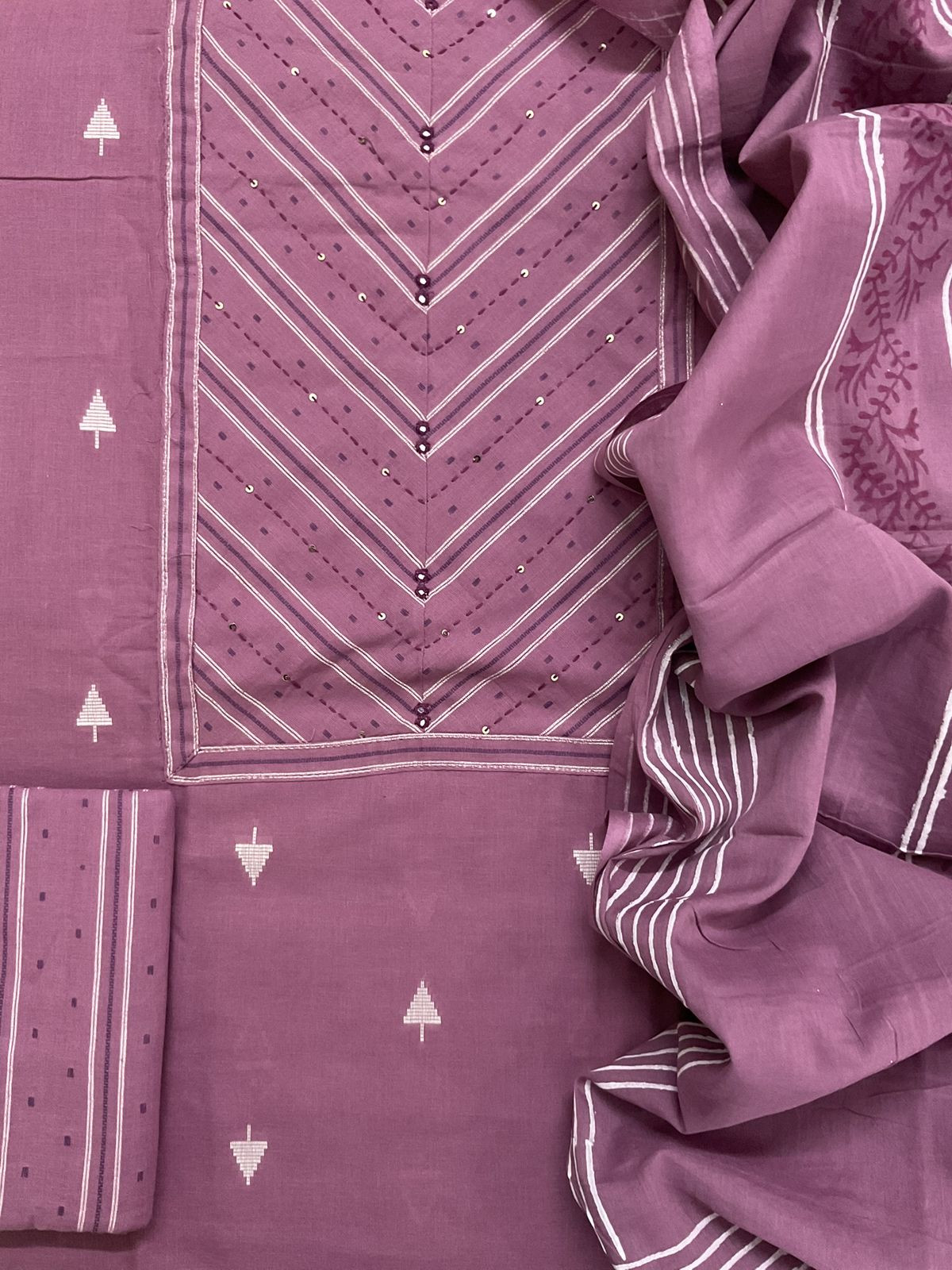 Pure Handloon Cotton Self Weaved Printed Embroidered Suit - Purple