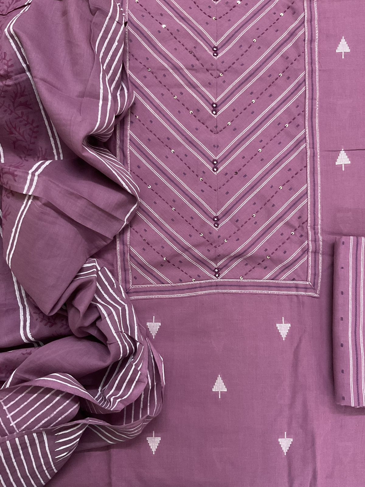 Pure Handloon Cotton Self Weaved Printed Embroidered Suit - Purple