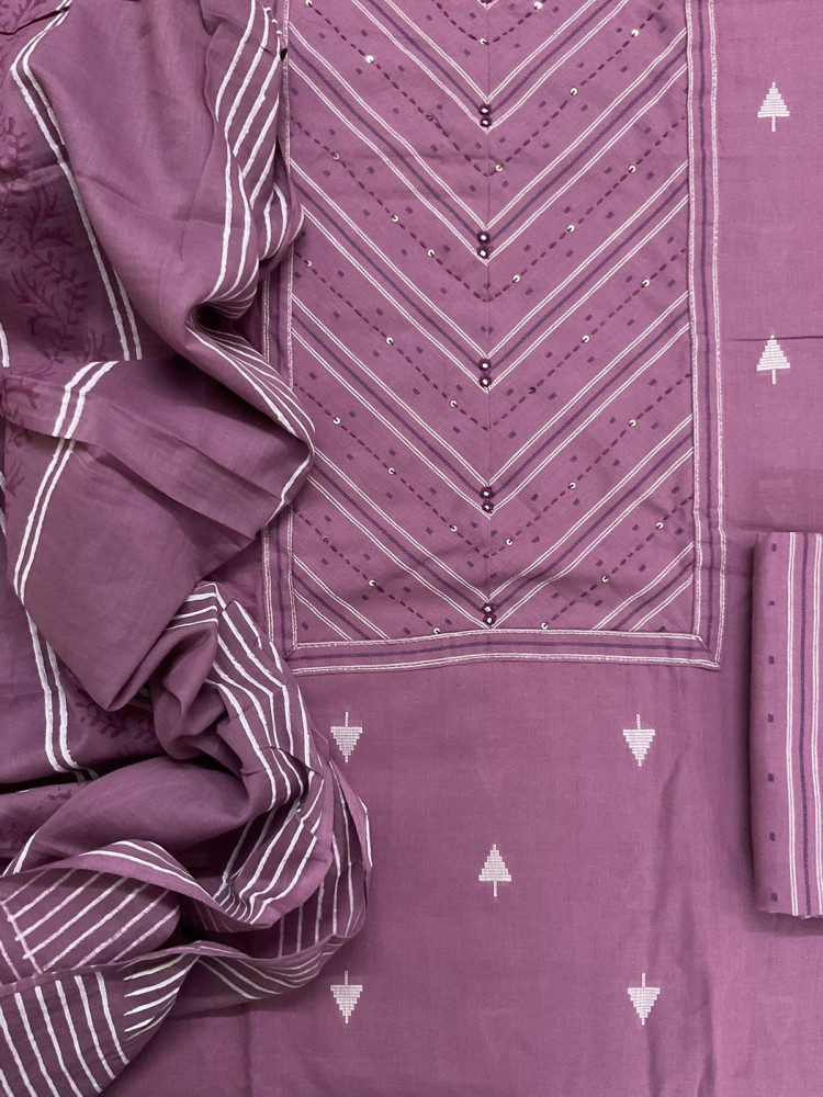 Image of Pure Handloon Cotton Self Weaved Printed Embroidered Suit - Purple