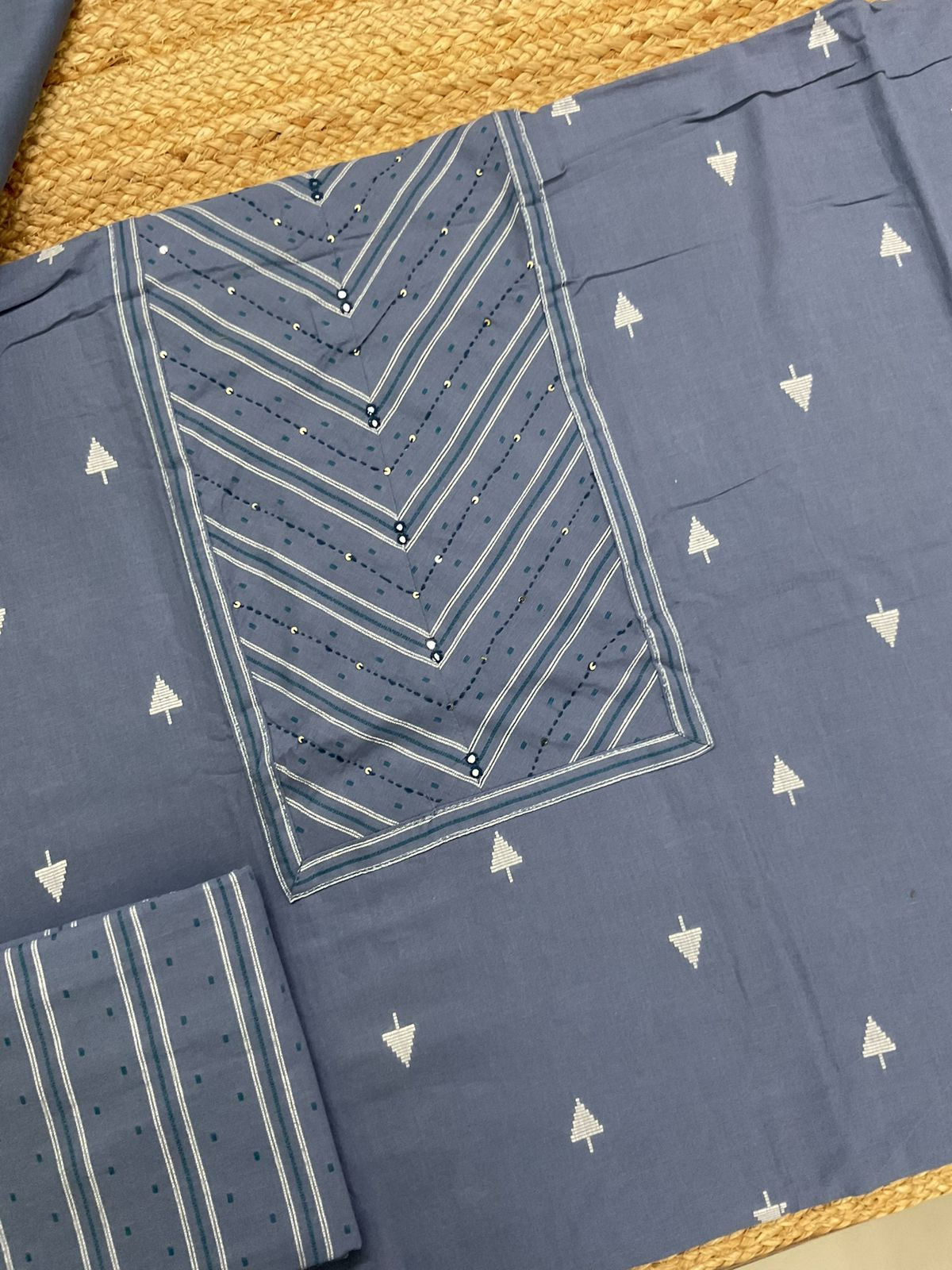 Pure Handloon Cotton Self Weaved Printed Embroidered Suit - Greyish Blue