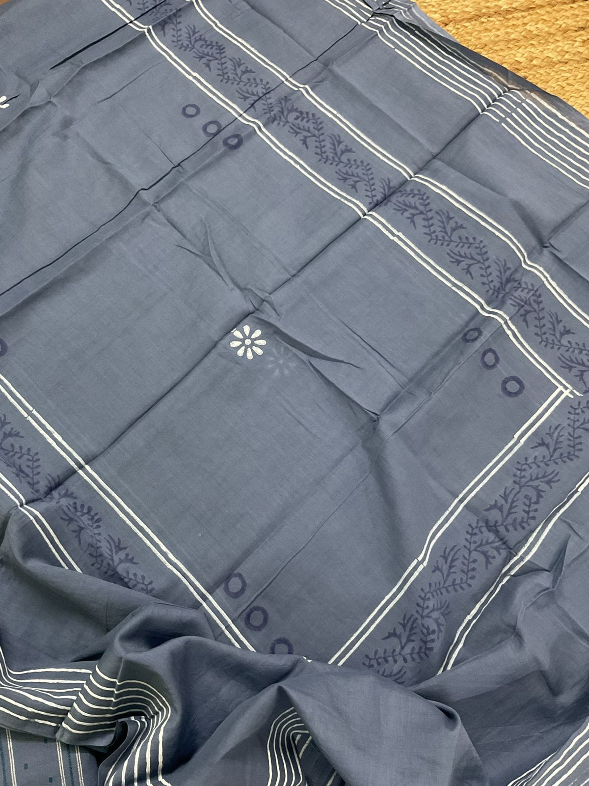 Pure Handloon Cotton Self Weaved Printed Embroidered Suit - Greyish Blue