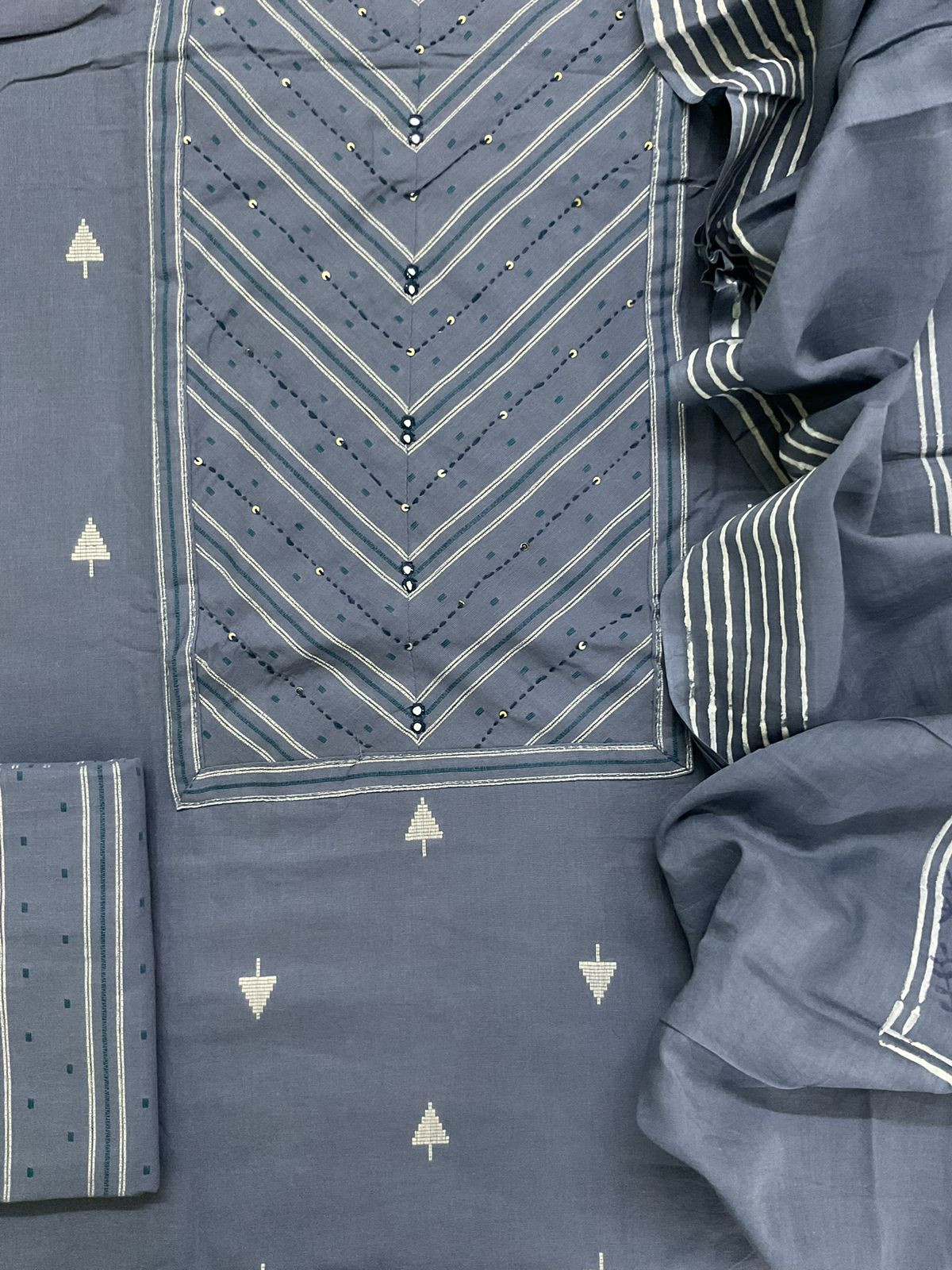 Pure Handloon Cotton Self Weaved Printed Embroidered Suit - Greyish Blue