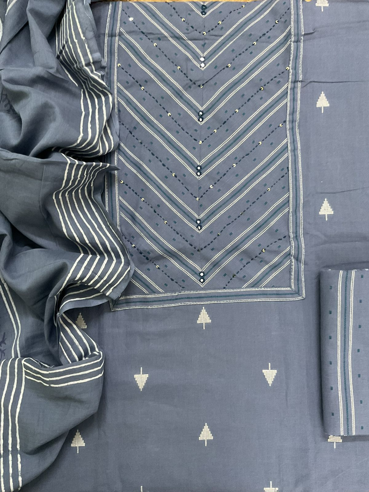 Pure Handloon Cotton Self Weaved Printed Embroidered Suit - Greyish Blue