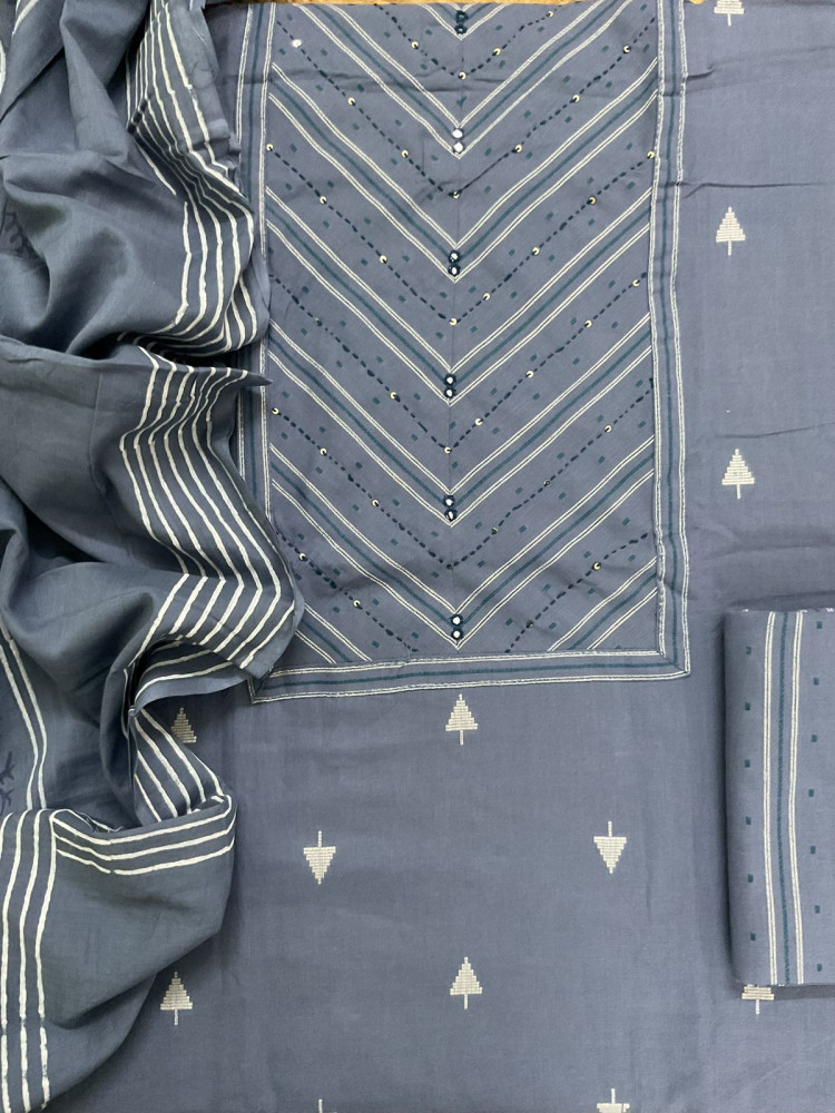 Image of Pure Handloon Cotton Self Weaved Printed Embroidered Suit - Greyish Blue
