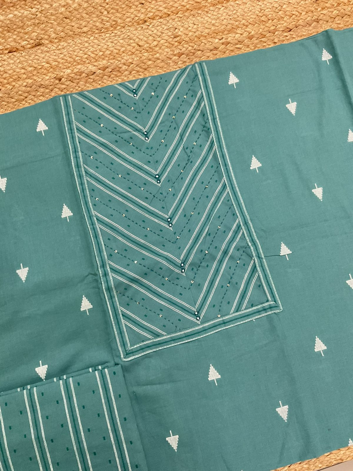 Pure Handloon Cotton Self Weaved Printed Embroidered Suit - Green