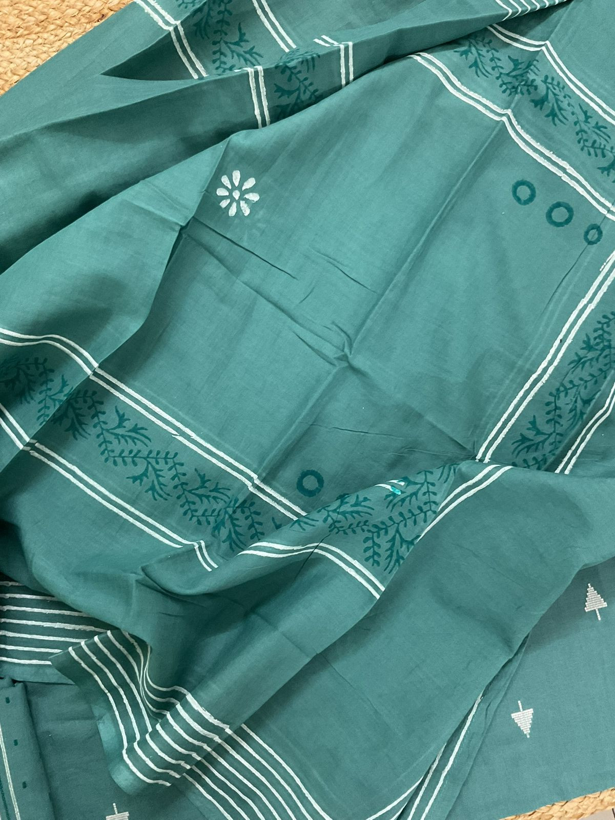 Pure Handloon Cotton Self Weaved Printed Embroidered Suit - Green