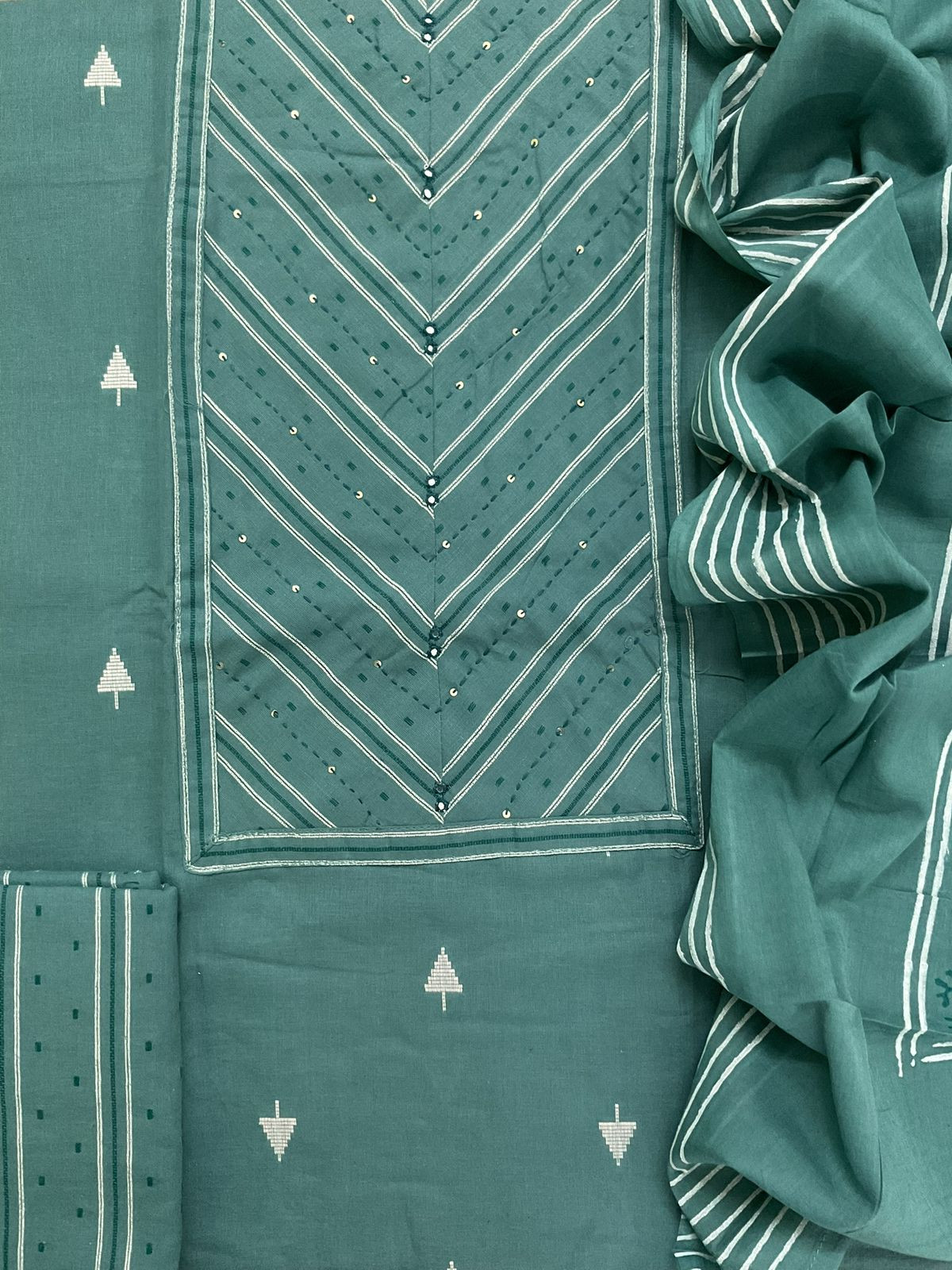Pure Handloon Cotton Self Weaved Printed Embroidered Suit - Green