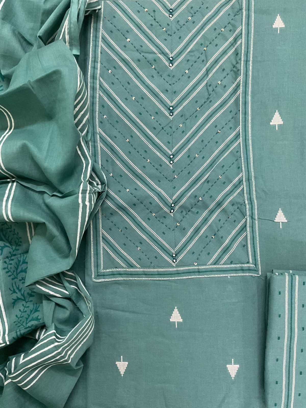 Pure Handloon Cotton Self Weaved Printed Embroidered Suit - Green