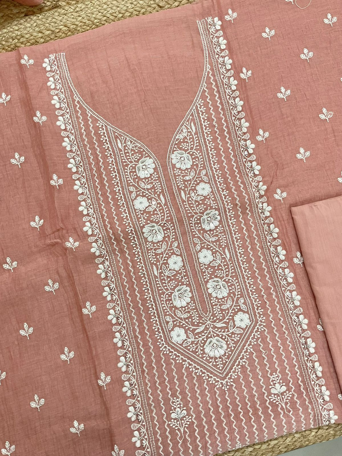 Pure Mul Chanderi Embroidered Suit - Peach