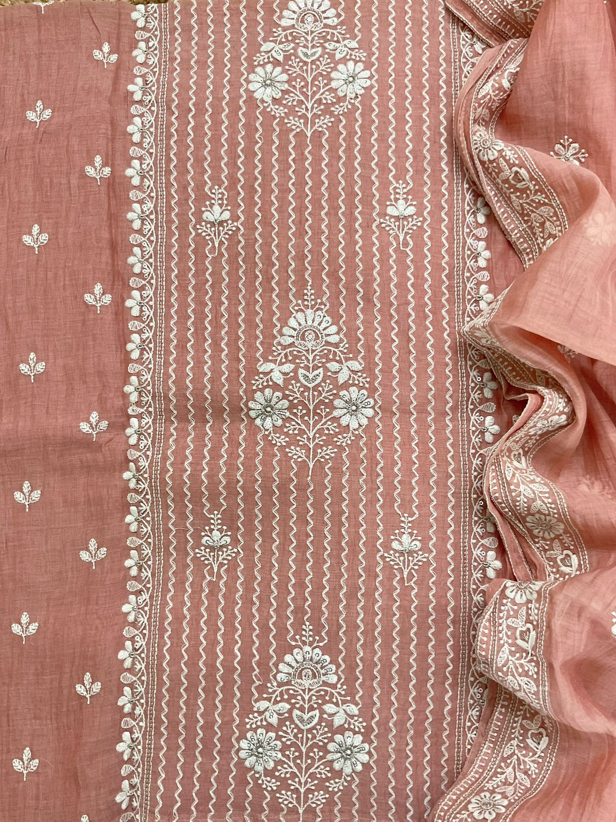 Pure Mul Chanderi Embroidered Suit - Peach