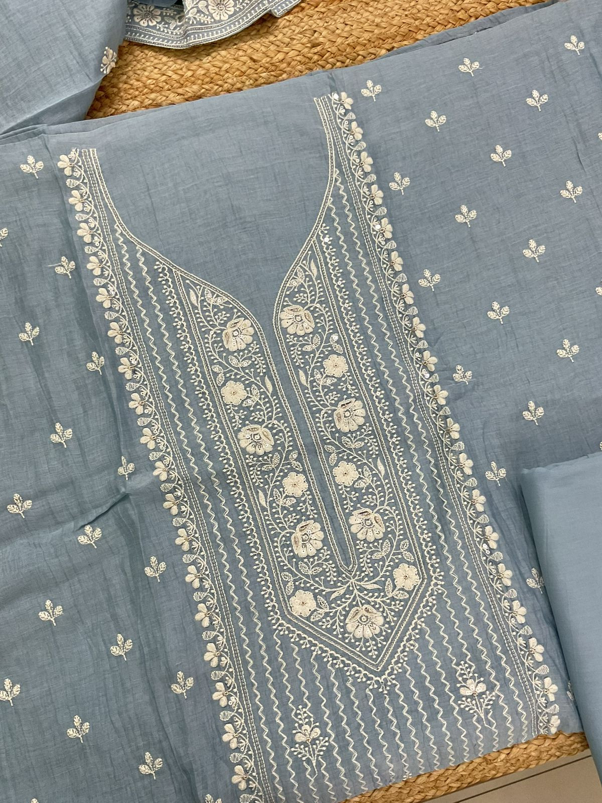 Pure Mul Chanderi Embroidered Suit - Blue