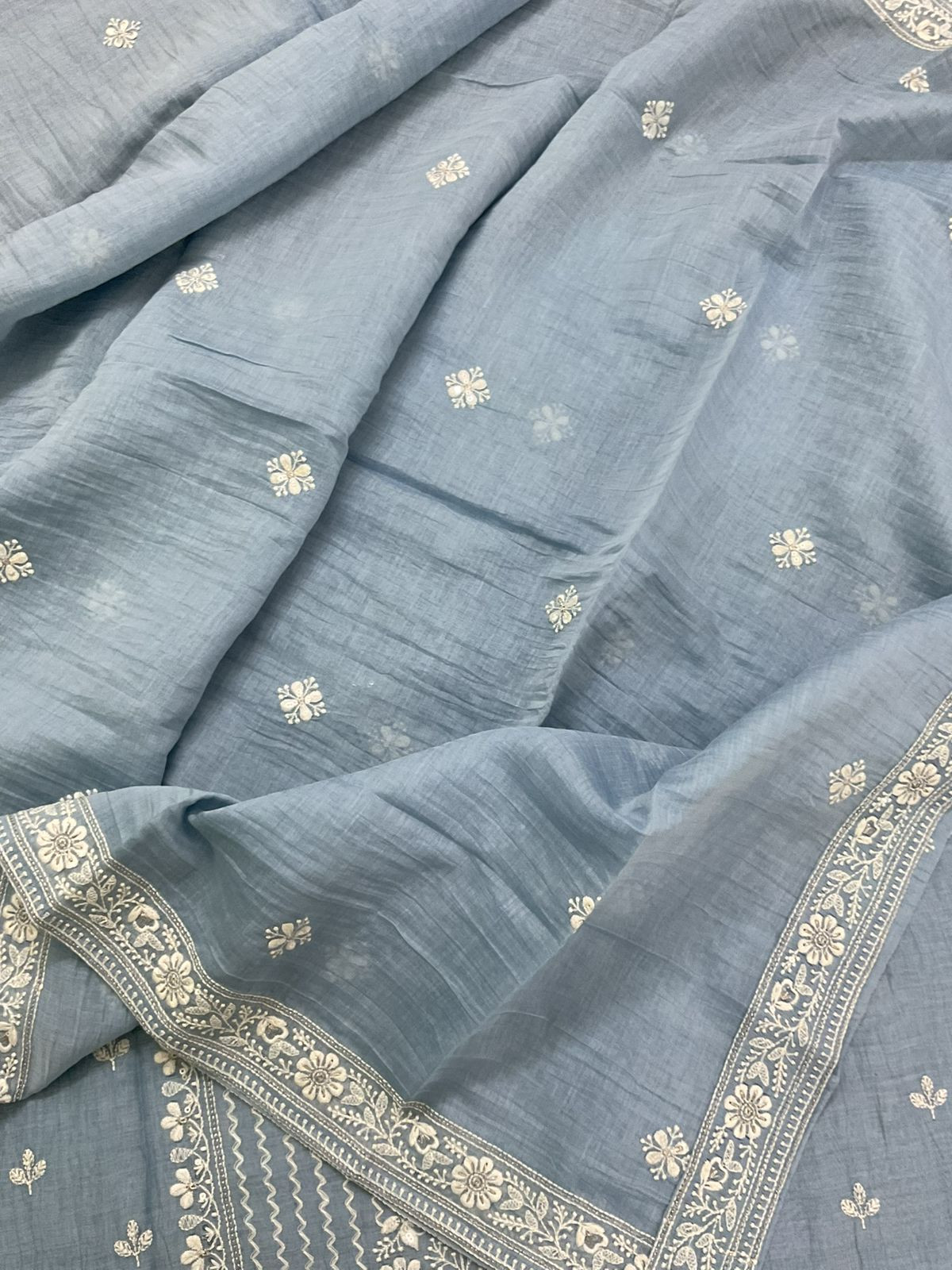 Pure Mul Chanderi Embroidered Suit - Blue