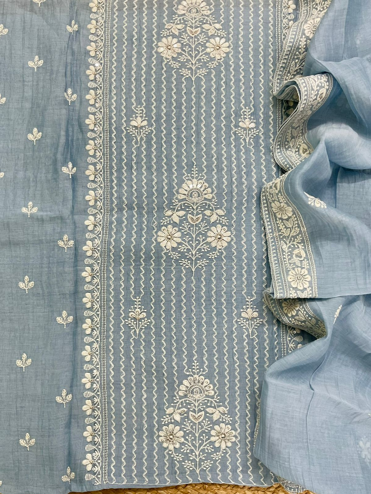 Pure Mul Chanderi Embroidered Suit - Blue