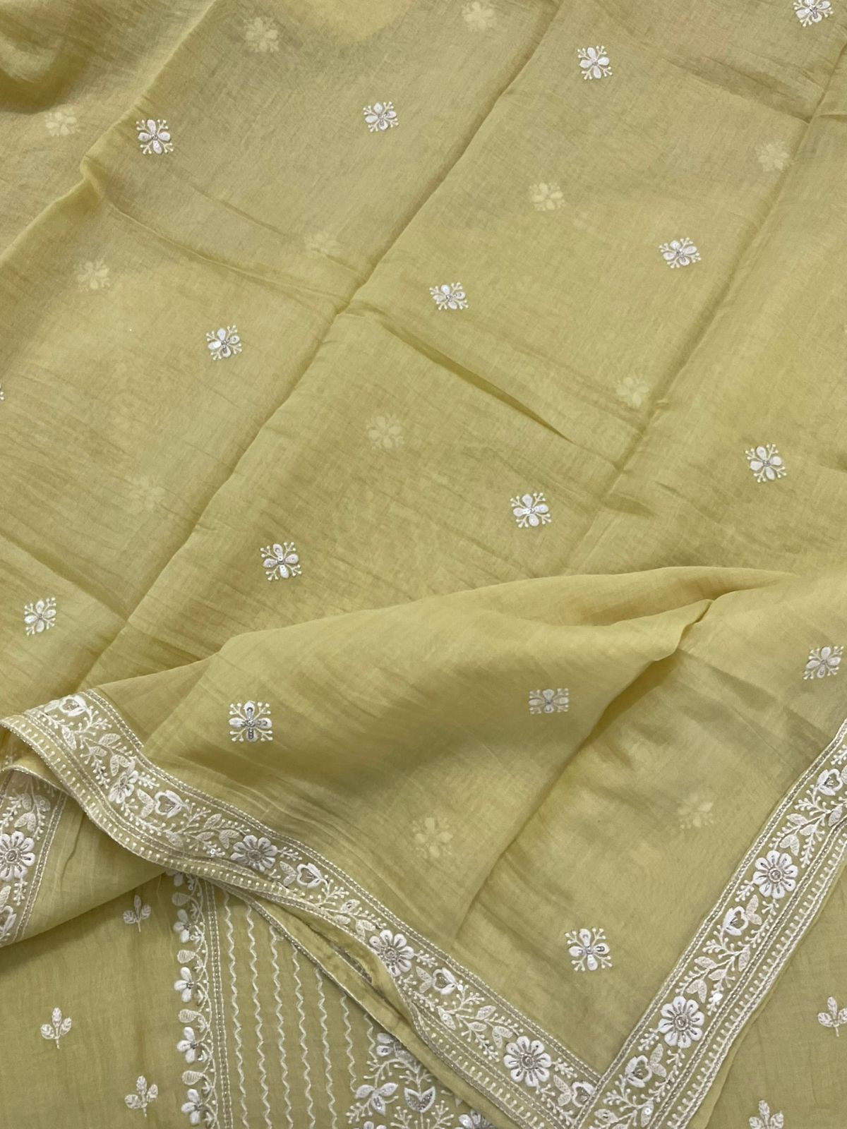 Pure Mul Chanderi Embroidered Suit - Yellow