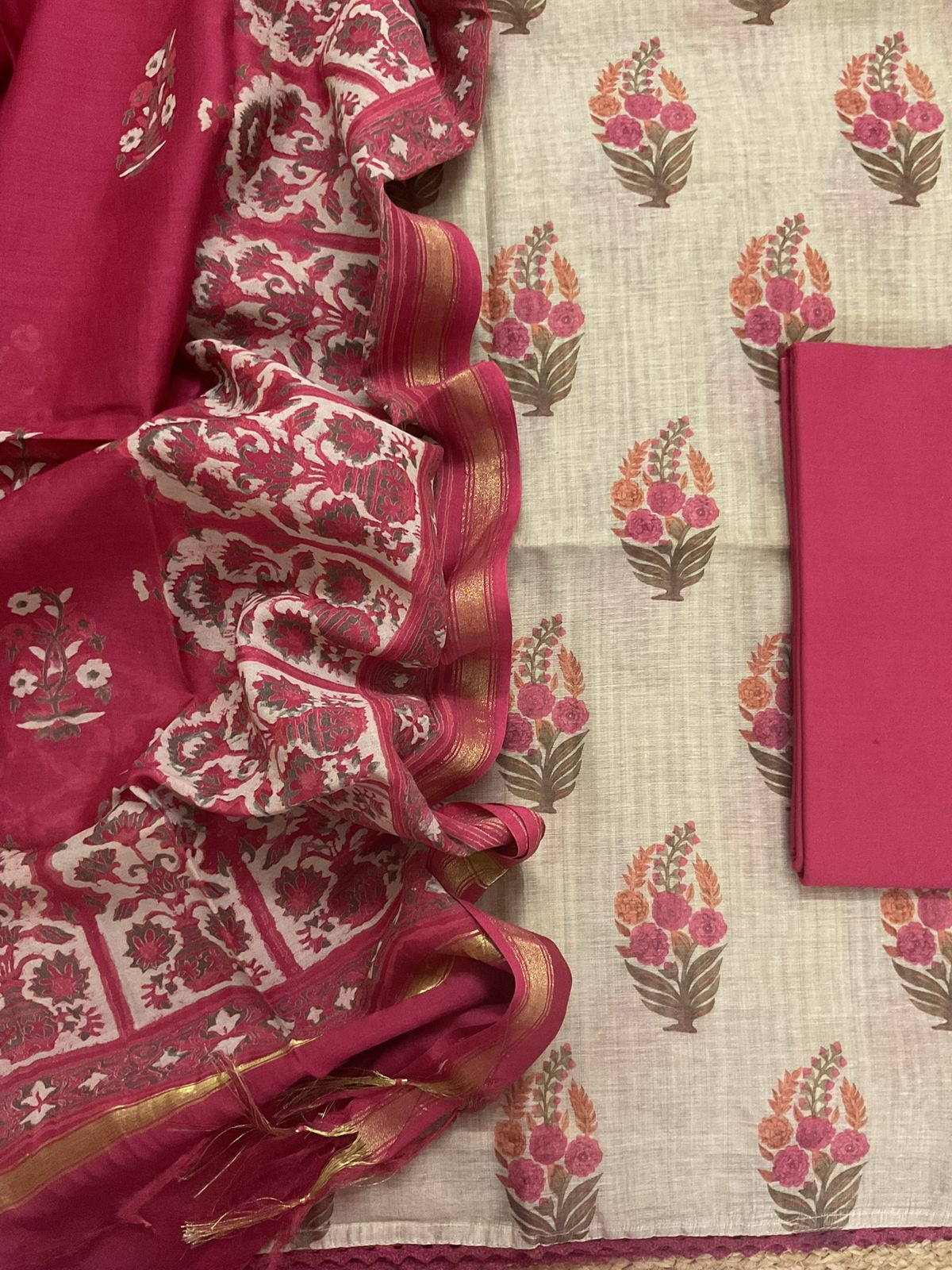 Soft Kora Chanderi Printed Suit - Beige