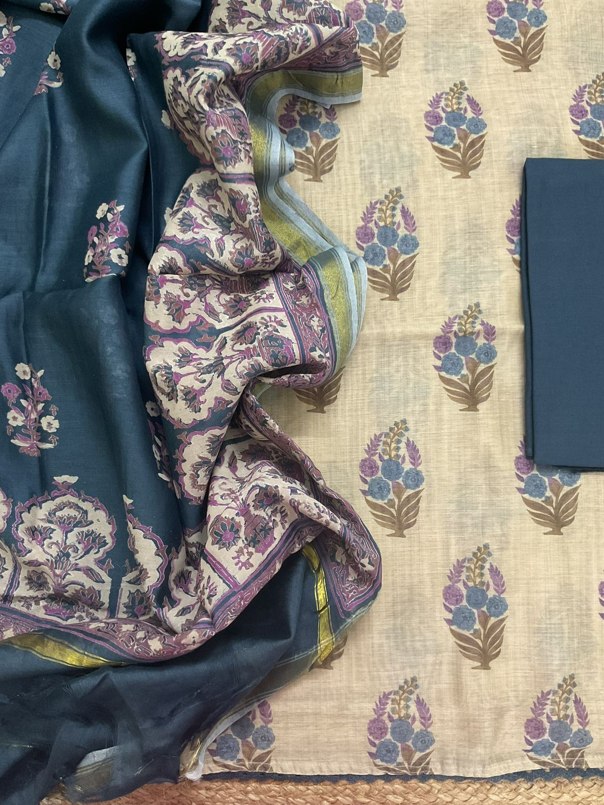 Soft Kora Chanderi Printed Suit - Beige